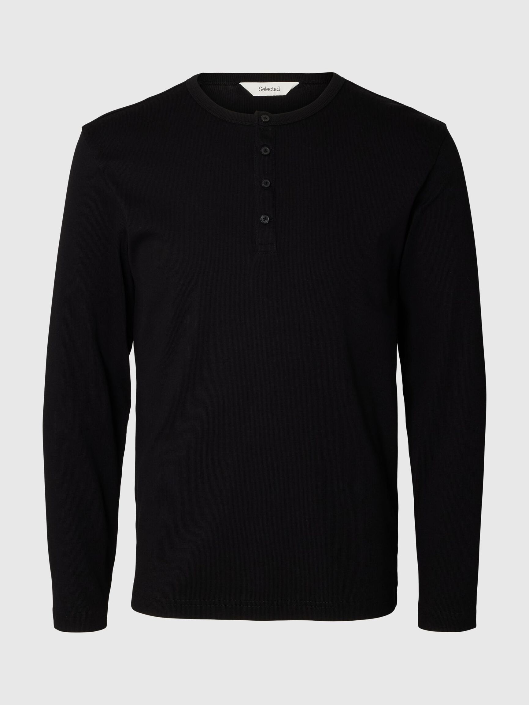 RIBBED BUTTON LONG-SLEEVED T-SHIRT, Black, highres