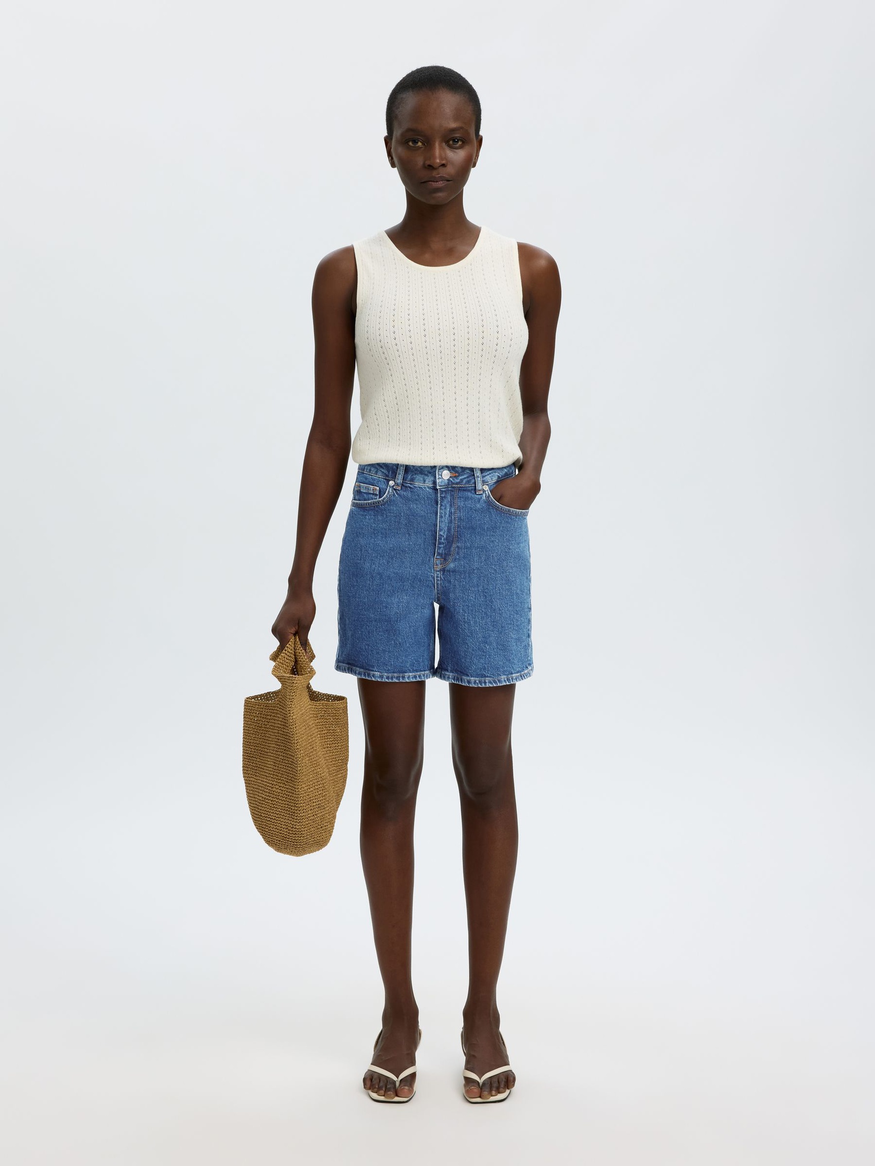 HIGH-WAISTED DENIM SHORTS, Medium Blue Denim, highres