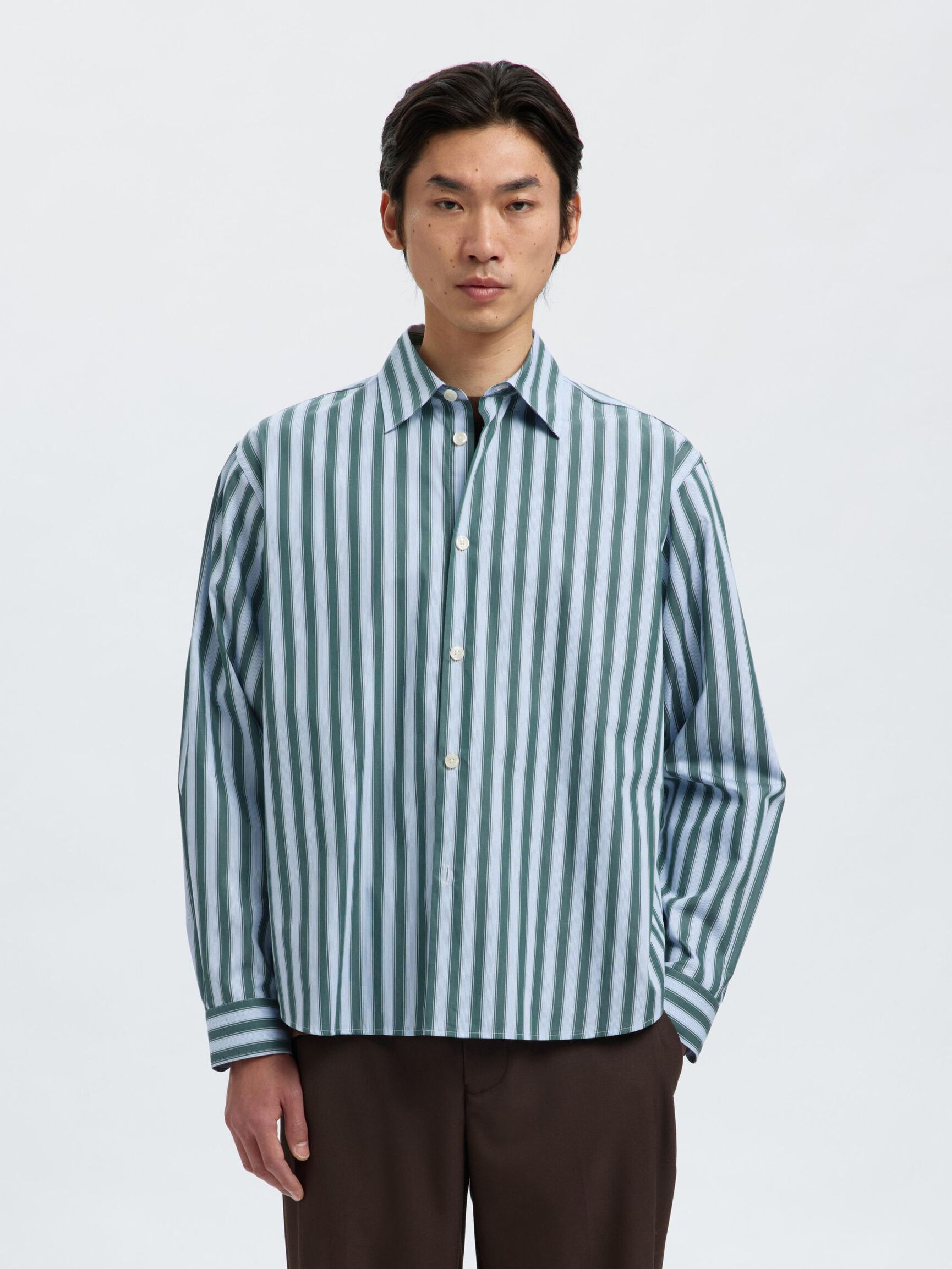 RELAXED FIT STRIPED SHIRT, Dark Green, highres