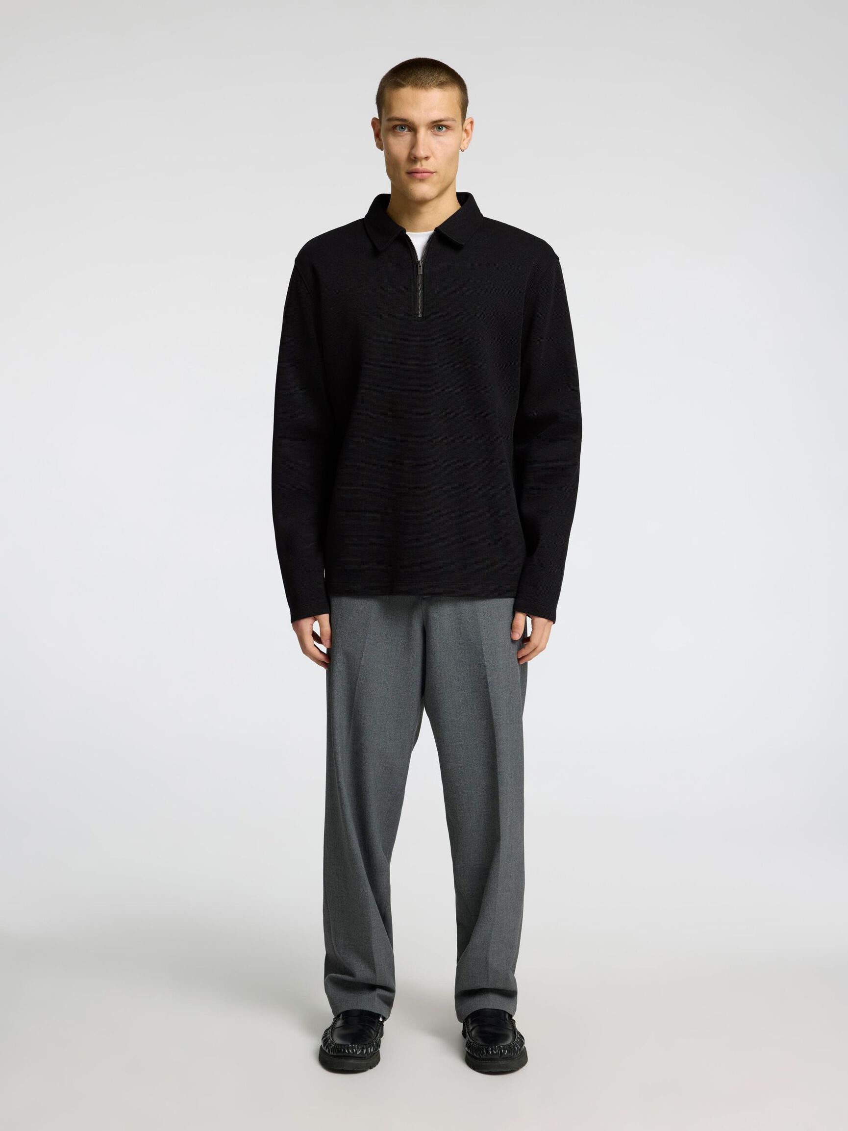 GERIPPTES HALF-ZIP LANGARM-POLOSHIRT, Black, highres