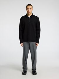 GERIPPTES HALF-ZIP LANGARM-POLOSHIRT, Black, highres