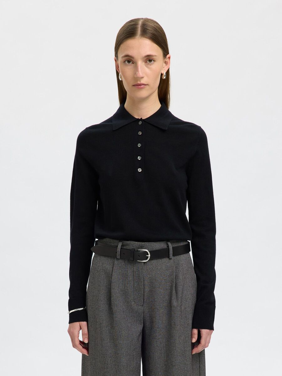 Product tile image - 100 % MERINOULL STRIKKET POLOSKJORTE, Black | 16098146_Black