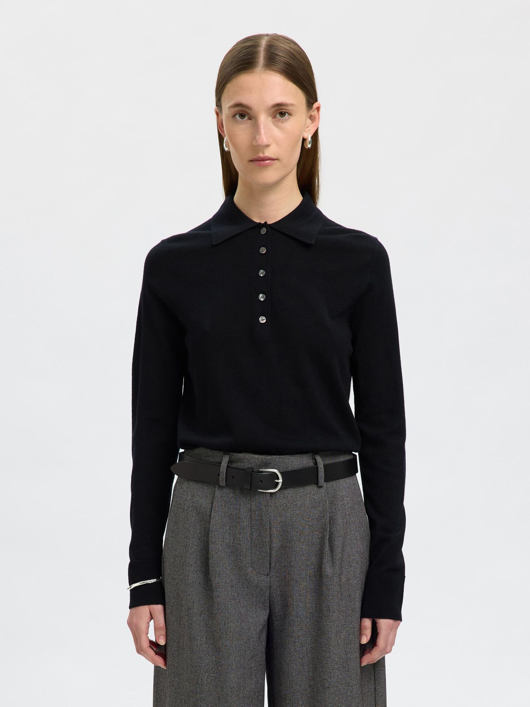 100% MERINOULD STRIKKET POLOSHIRT, Black, highres