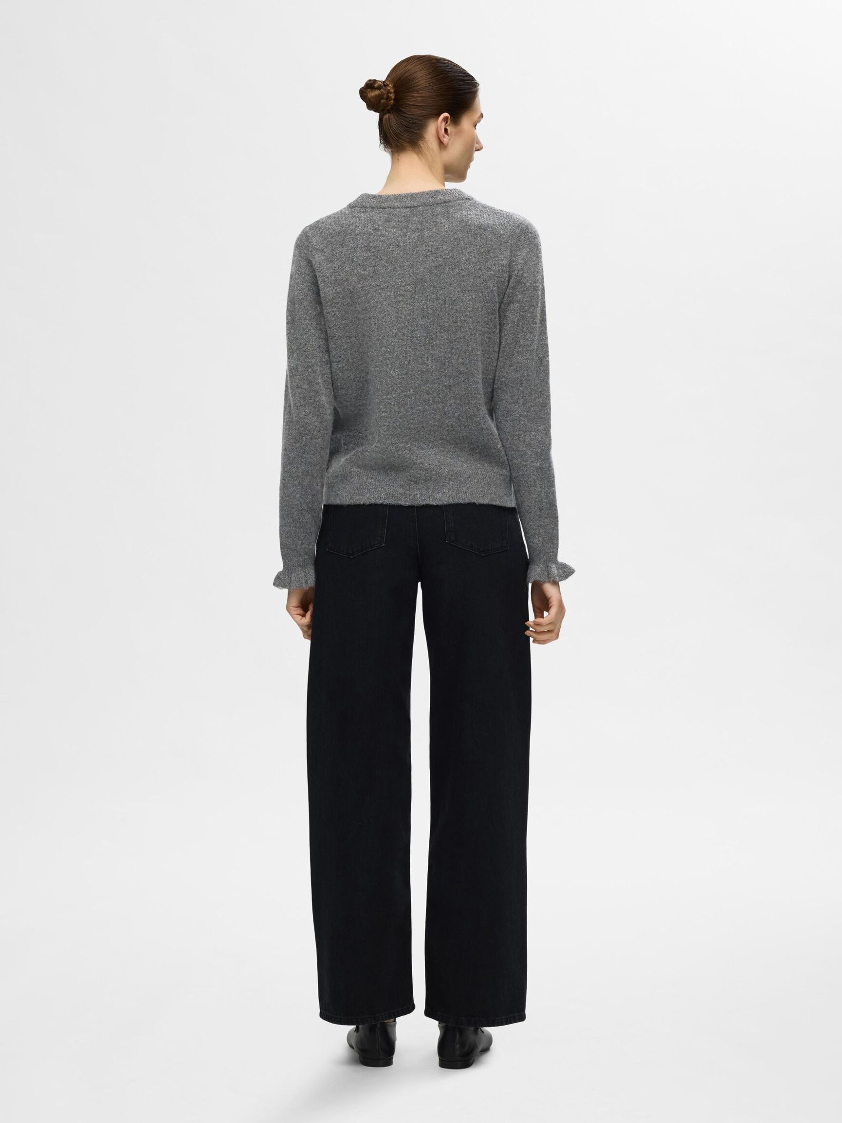 WOOL BLEND RUFFLED SLEEVE PULLOVER, Medium Grey Melange, highres