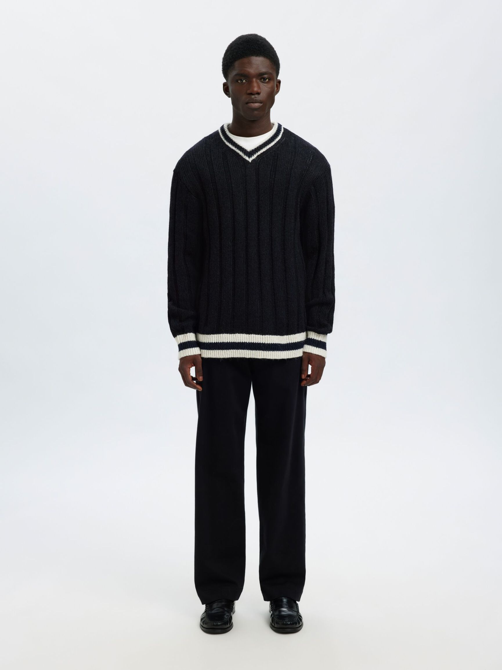 WOOL BLEND V-NECK JUMPER, Sky Captain, highres