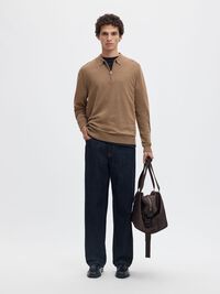KNITTED LONG-SLEEVED POLO, Teak, highres