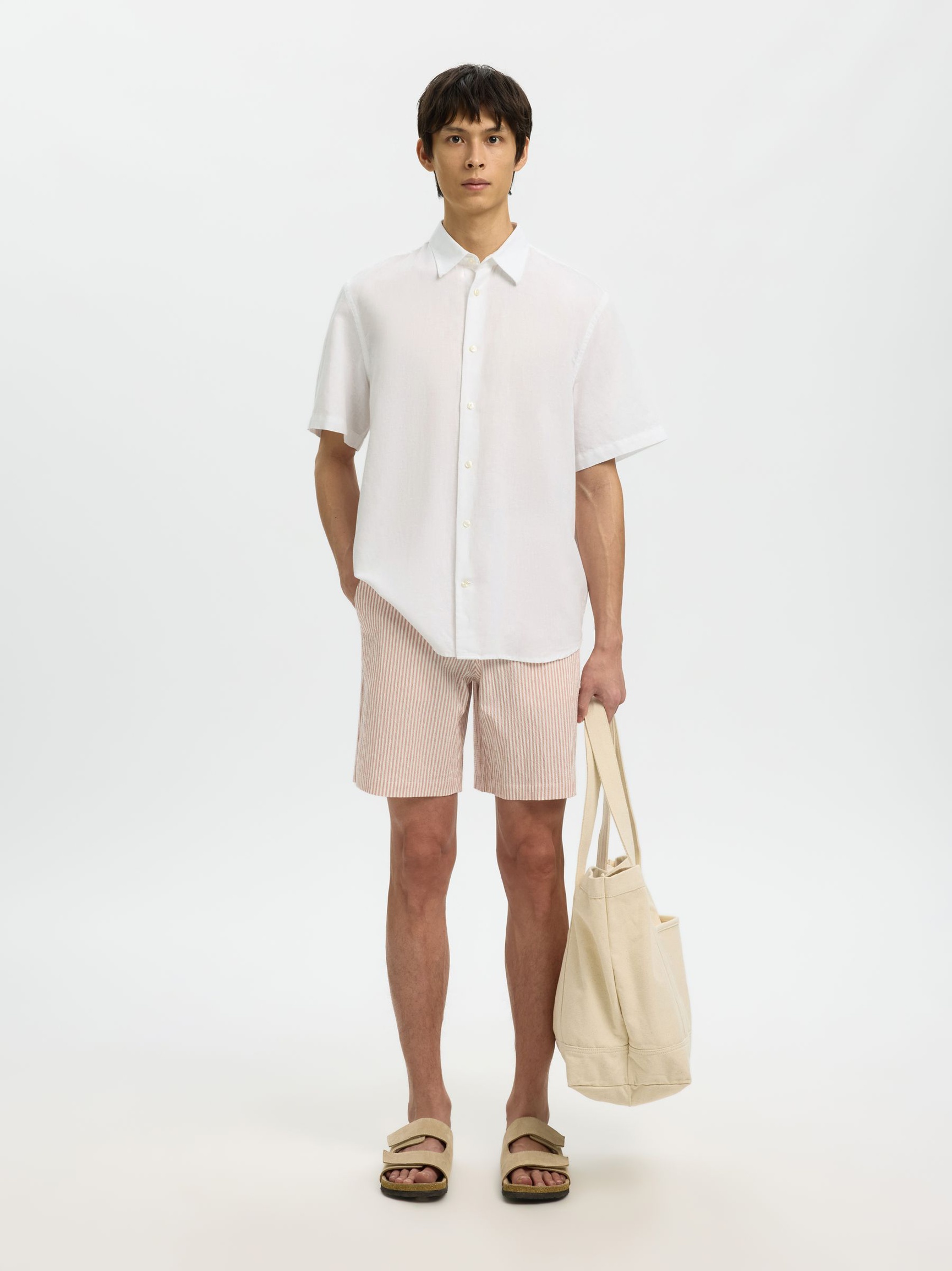 REGULAR FIT SKJORTE I LINBLANDING, Bright White, highres
