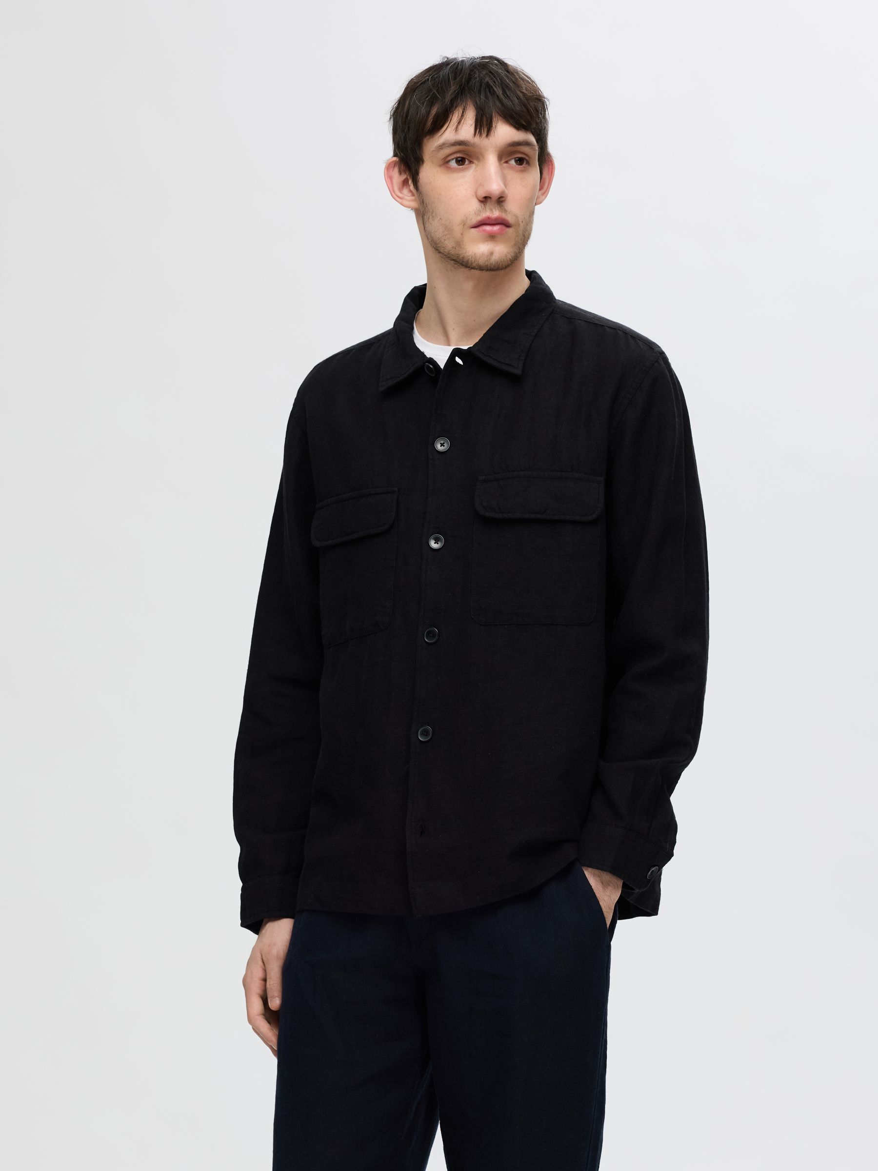 LONGSLEEVE LINNENMIX OVERSHIRT, Black, highres