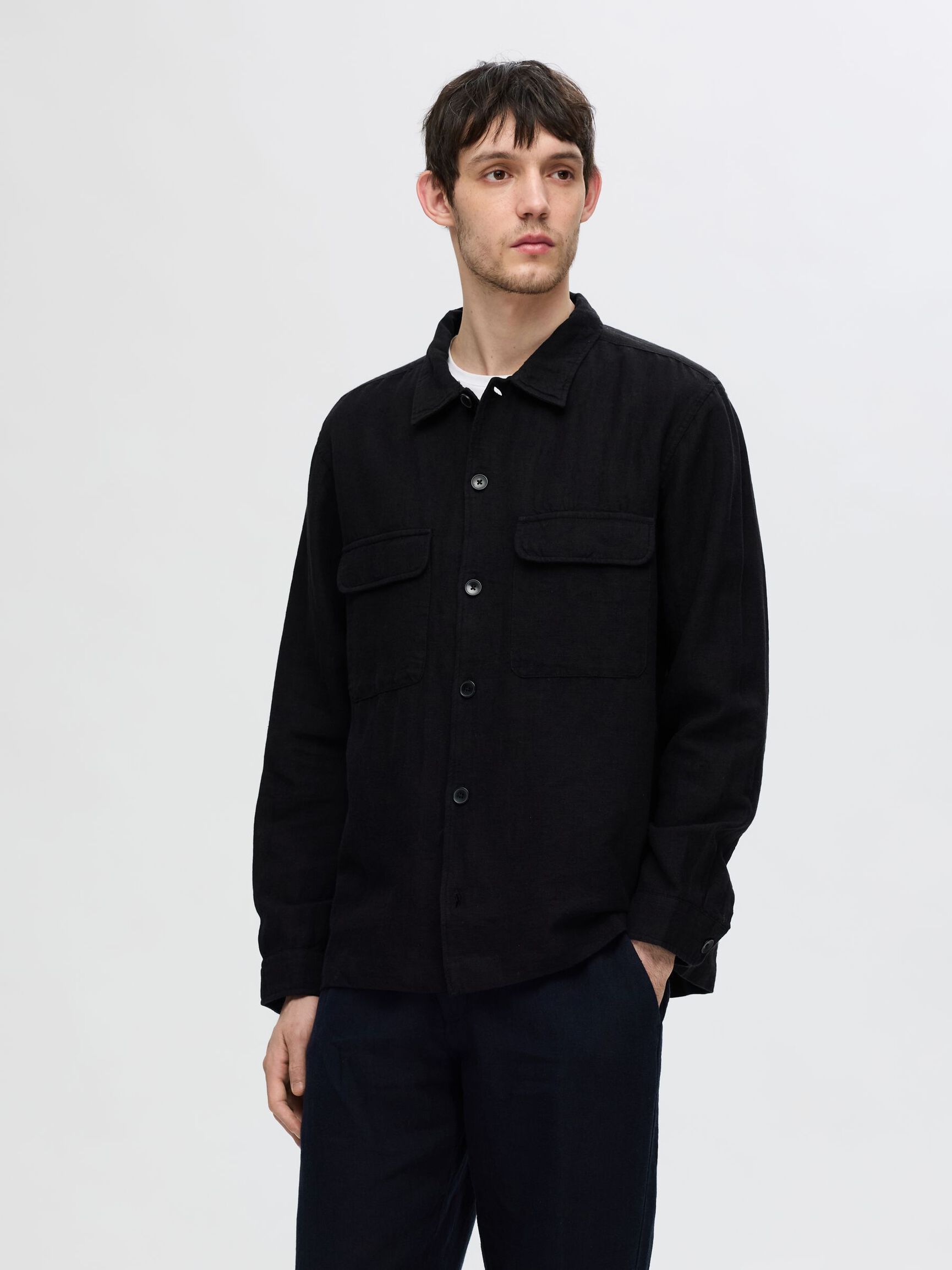 LONGSLEEVE LINNENMIX OVERSHIRT, Black, highres