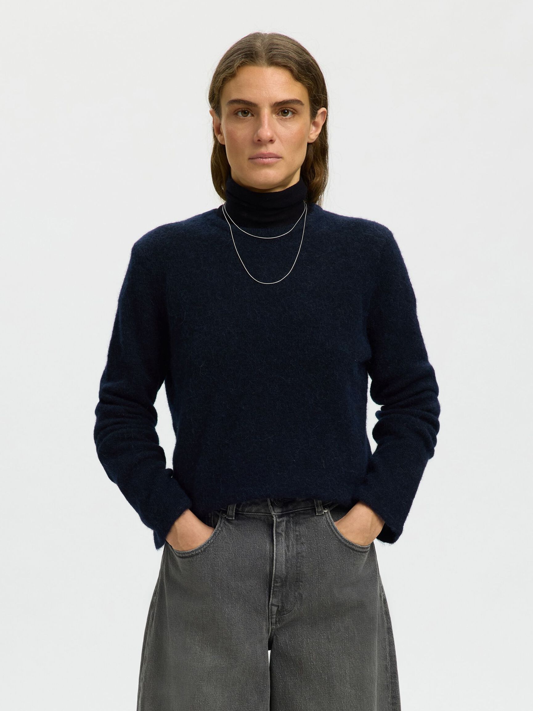 WOOL BLEND KNITTED PULLOVER, Dark Sapphire, highres