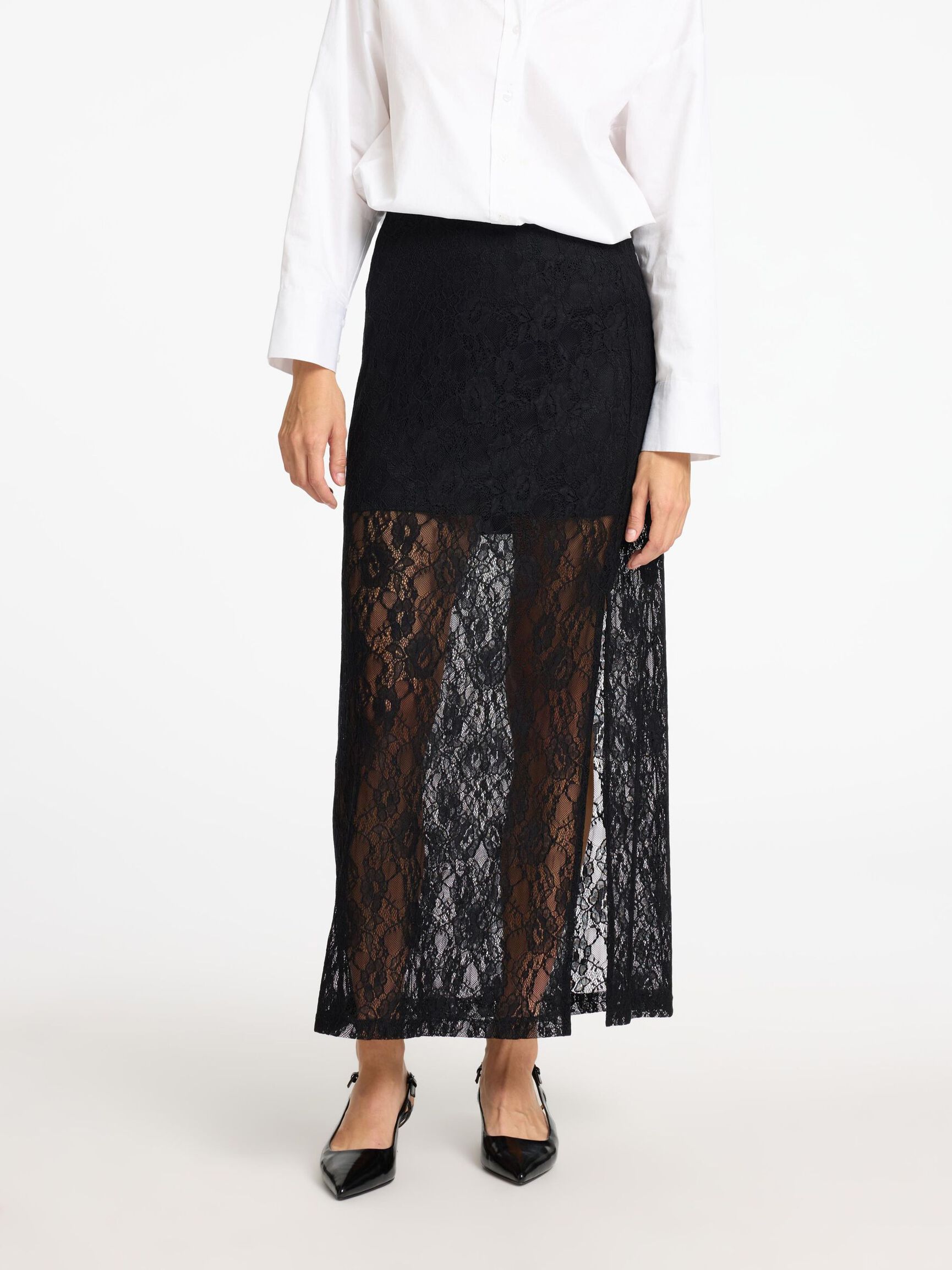 LACE MAXI SKIRT, Black, highres