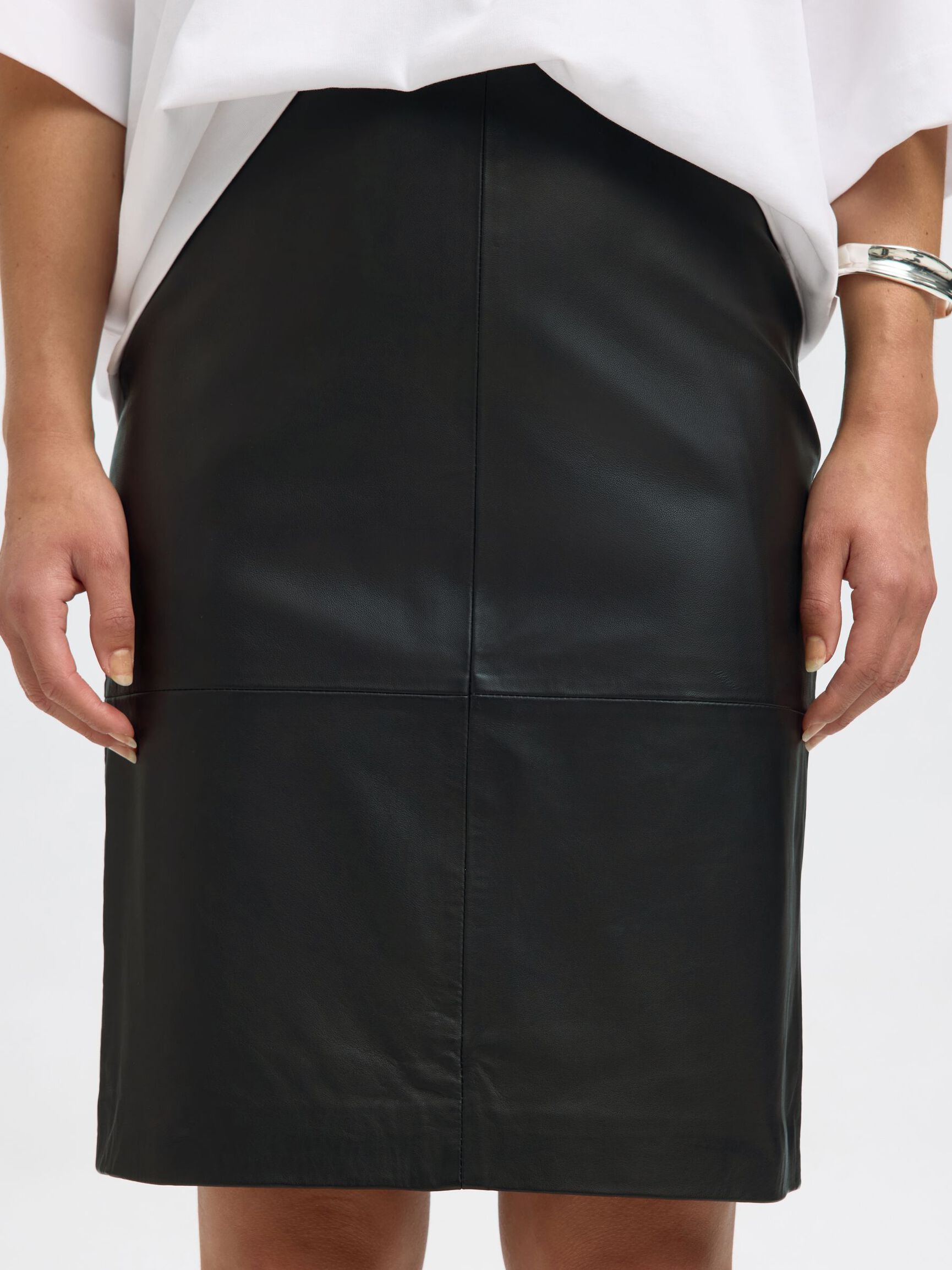 HIGH WAIST  LEATHER SKIRT, Black, highres