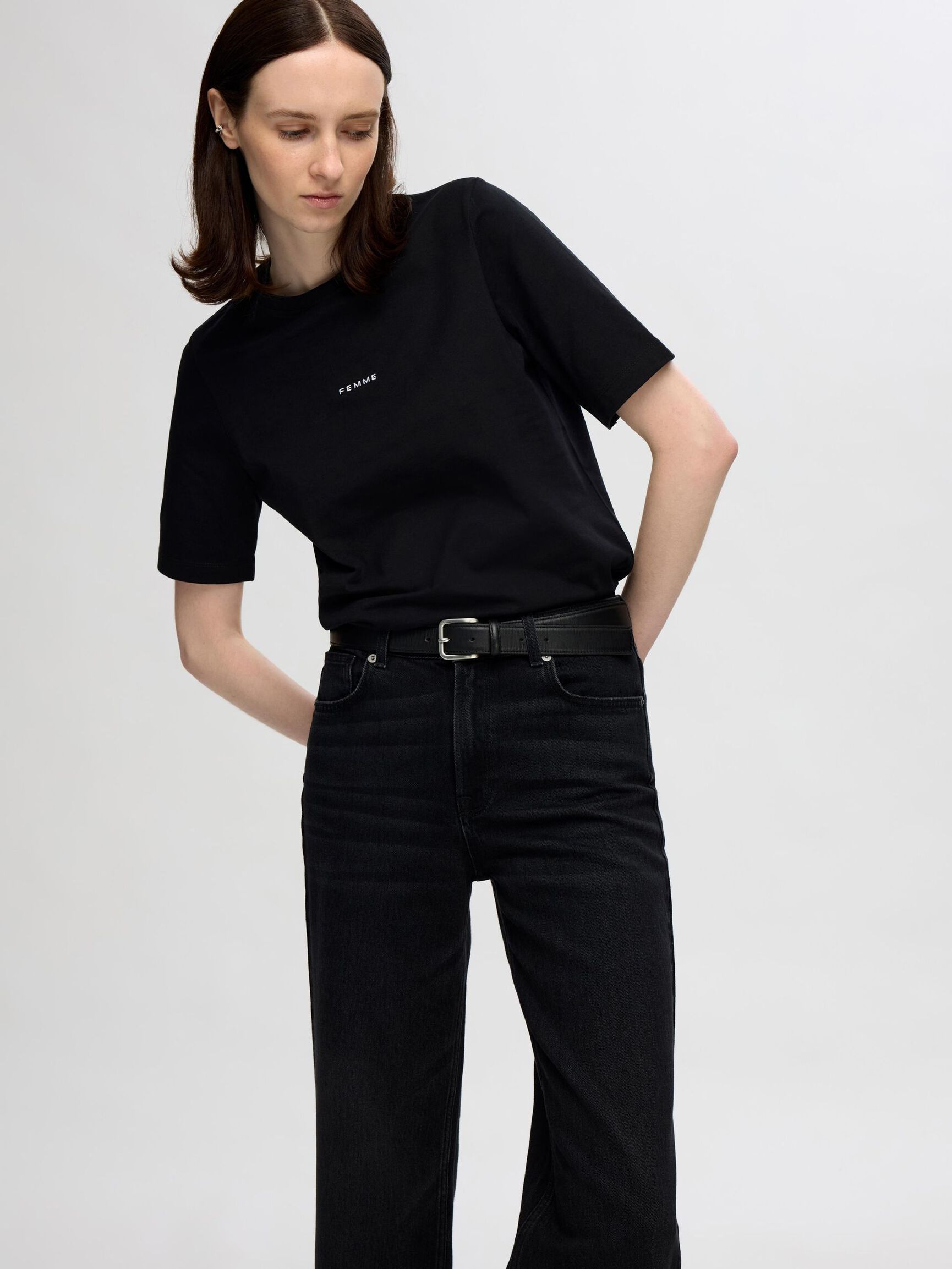 SHORT SLEEVED COTTON T-SHIRT, Black, highres