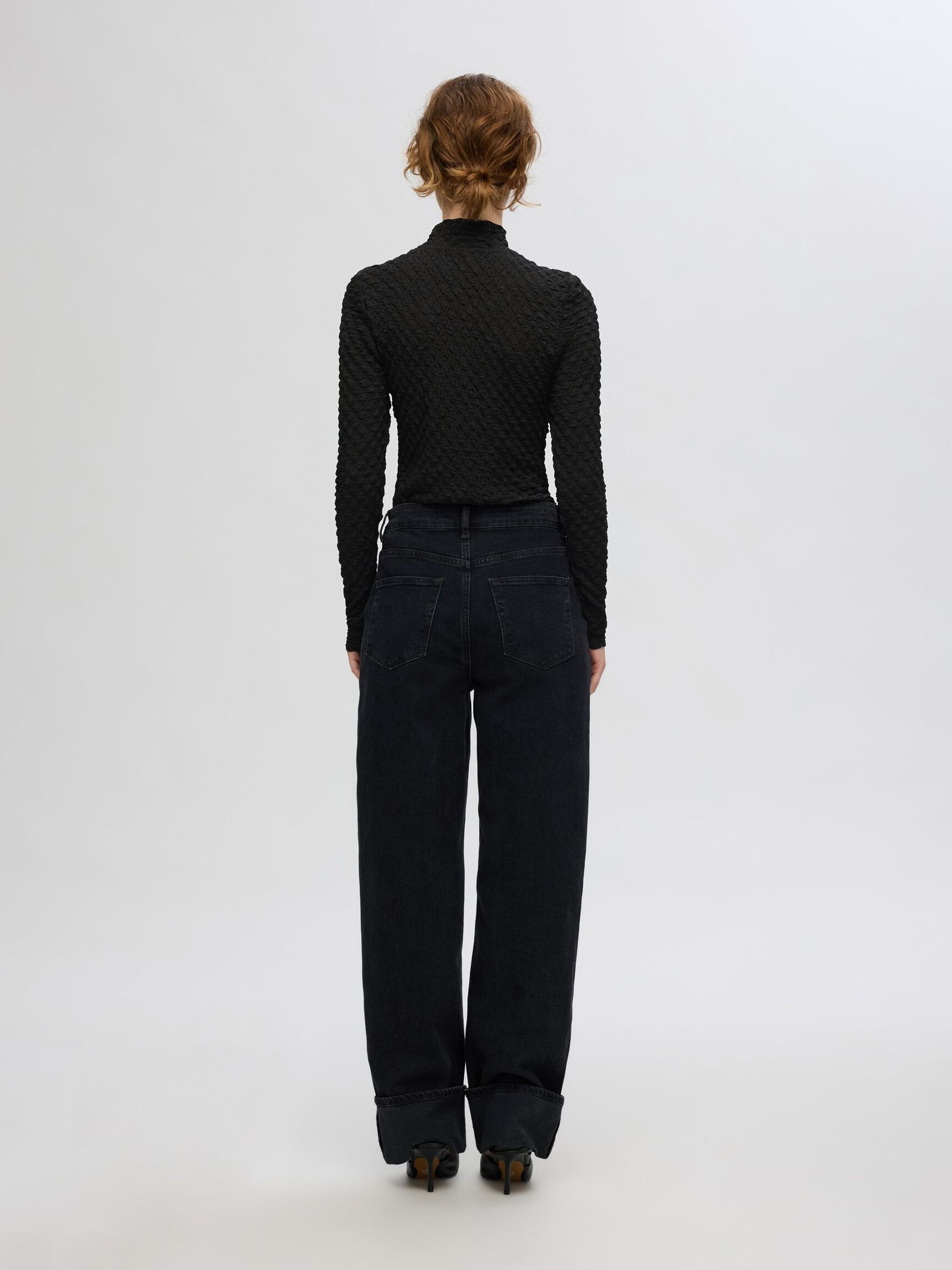 TEXTURED LONG SLEEVED TOP, Black, highres