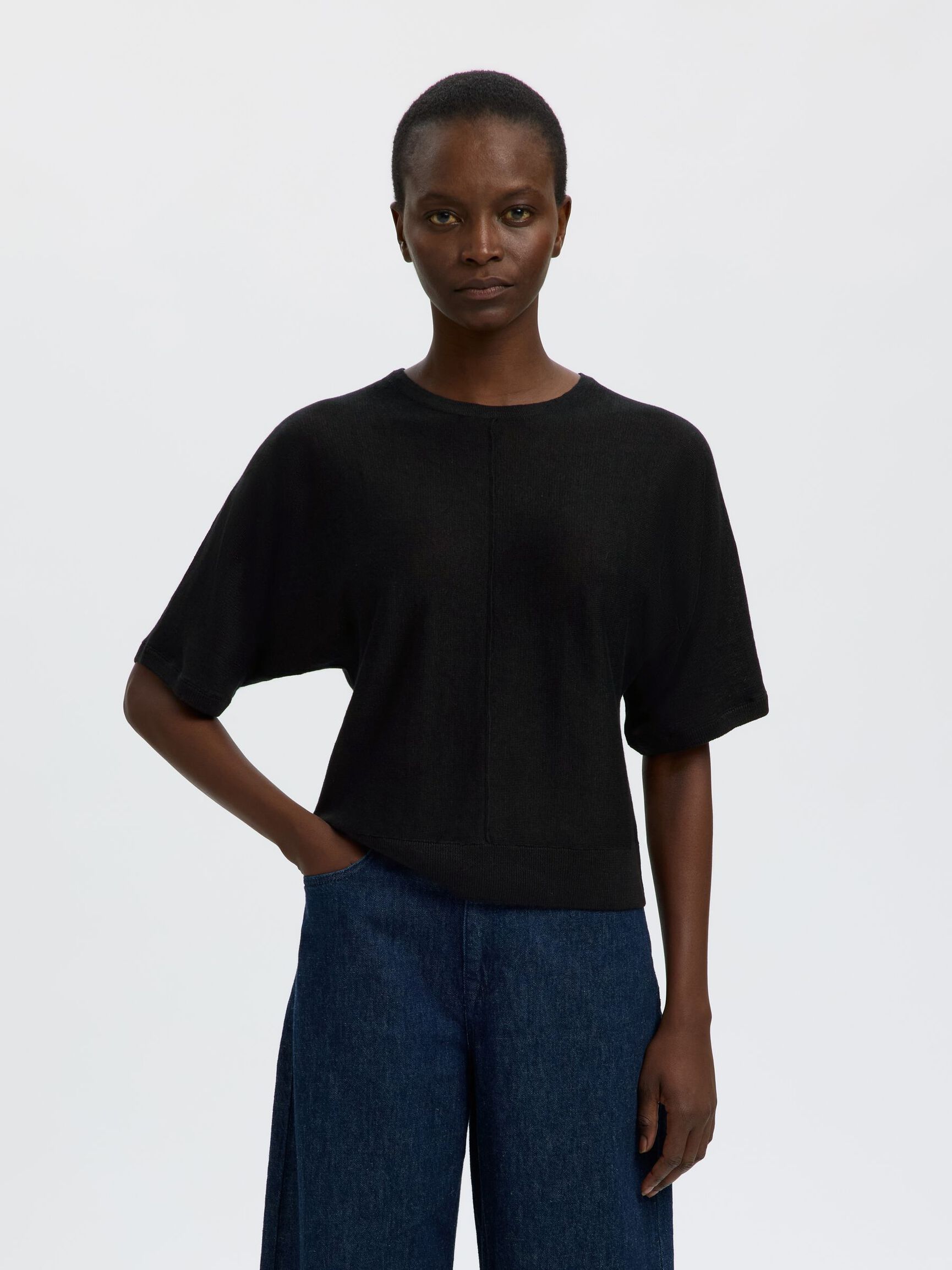 100% LINEN KNITTED TOP, Black, highres
