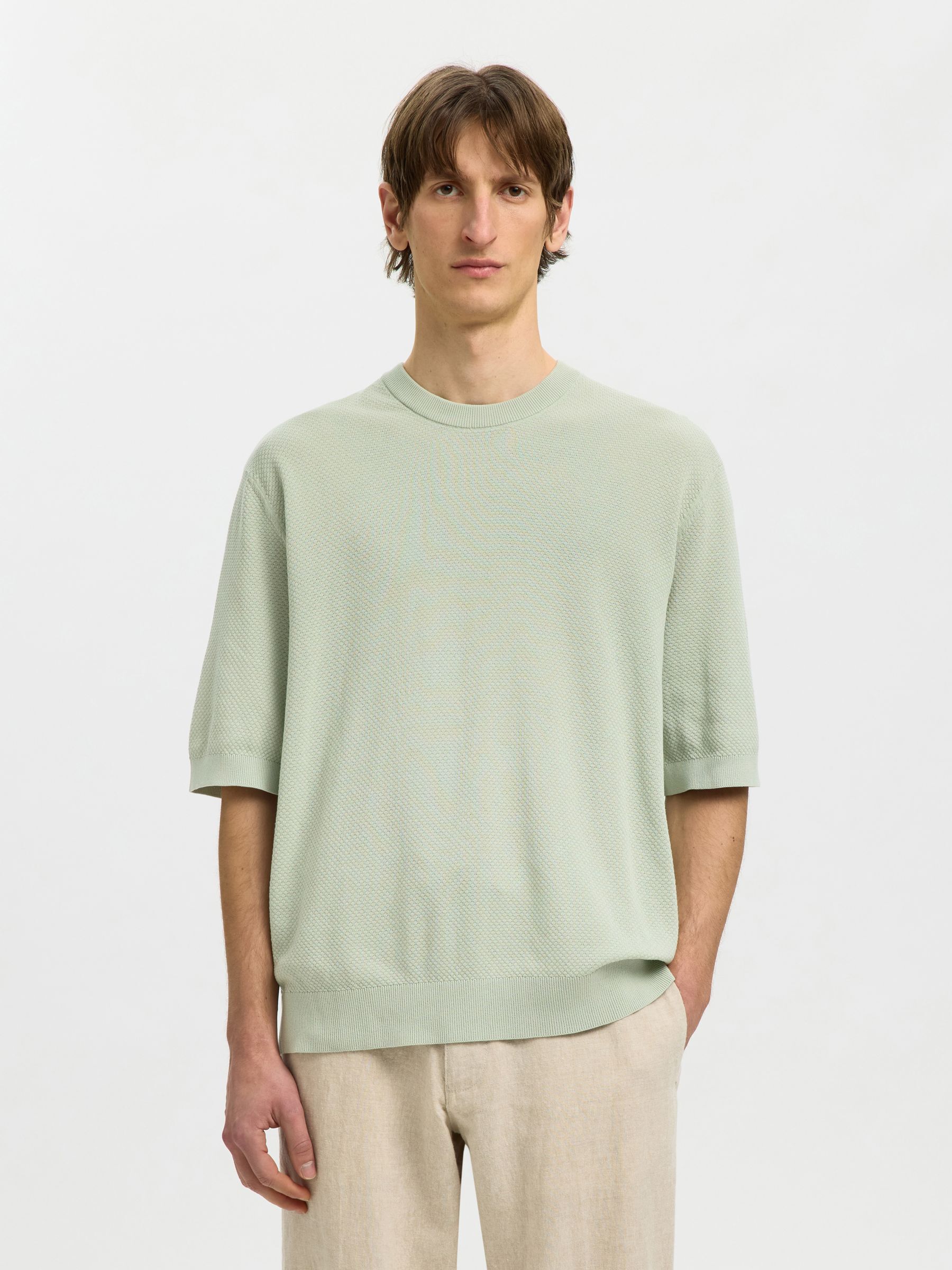 KNITTED COTTON T-SHIRT, Aqua Gray, highres
