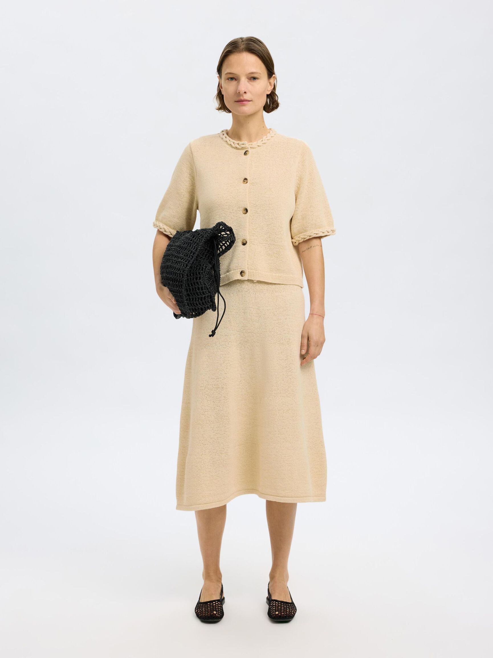 SHORT SLEEVED KNITTED CARDIGAN, Birch, highres