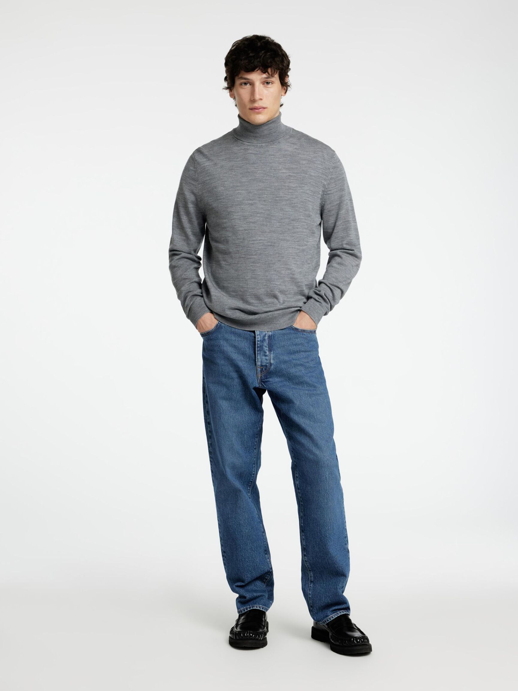 100 % MERINOULL HØYHALSET GENSER, Medium Grey Melange, highres