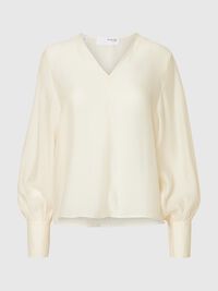 V-NECK LONG SLEEVED BLOUSE, Birch, highres