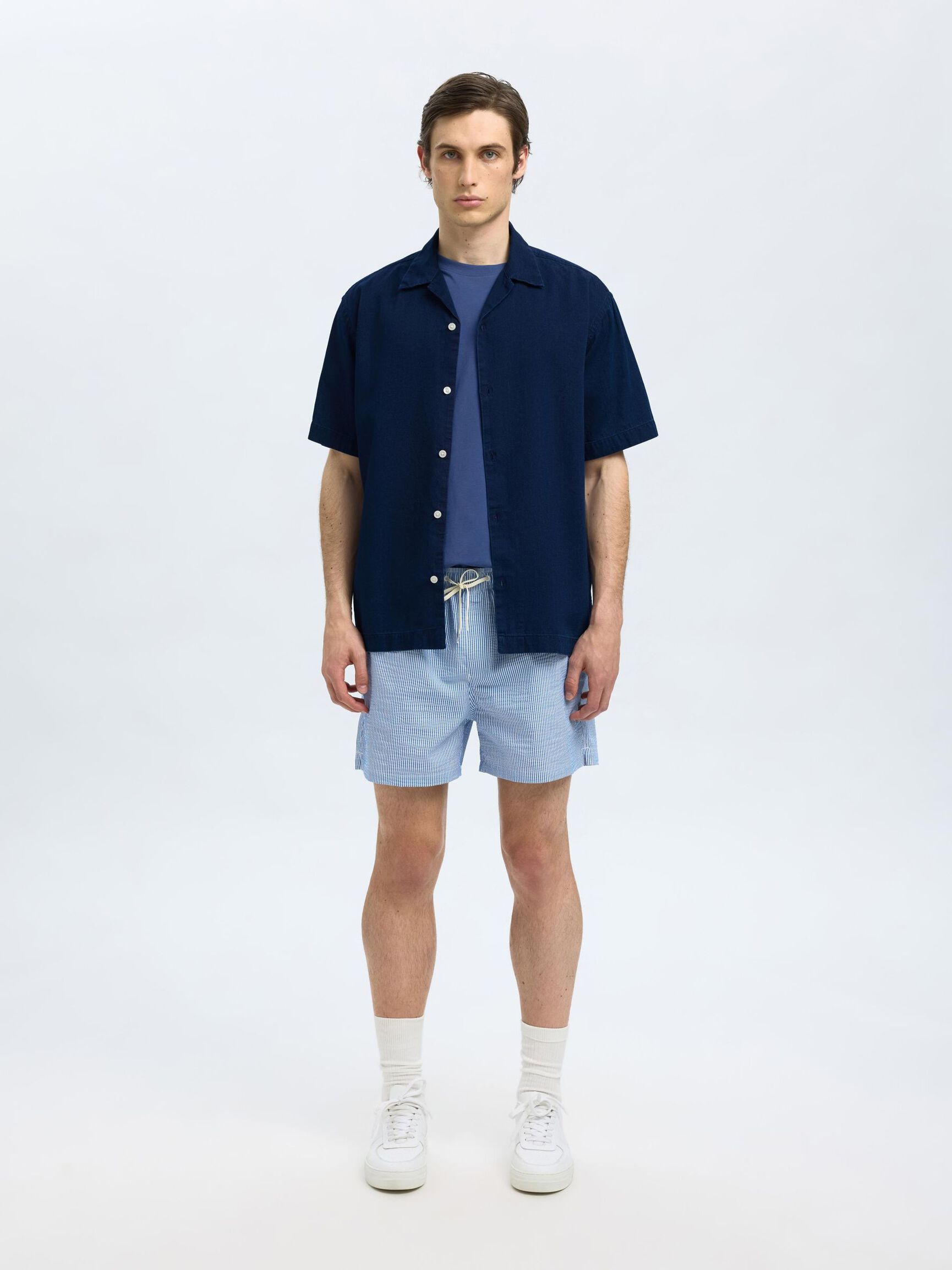 KORTE MOUWEN SPIJKERBLOUSE, Dark Blue Denim, highres