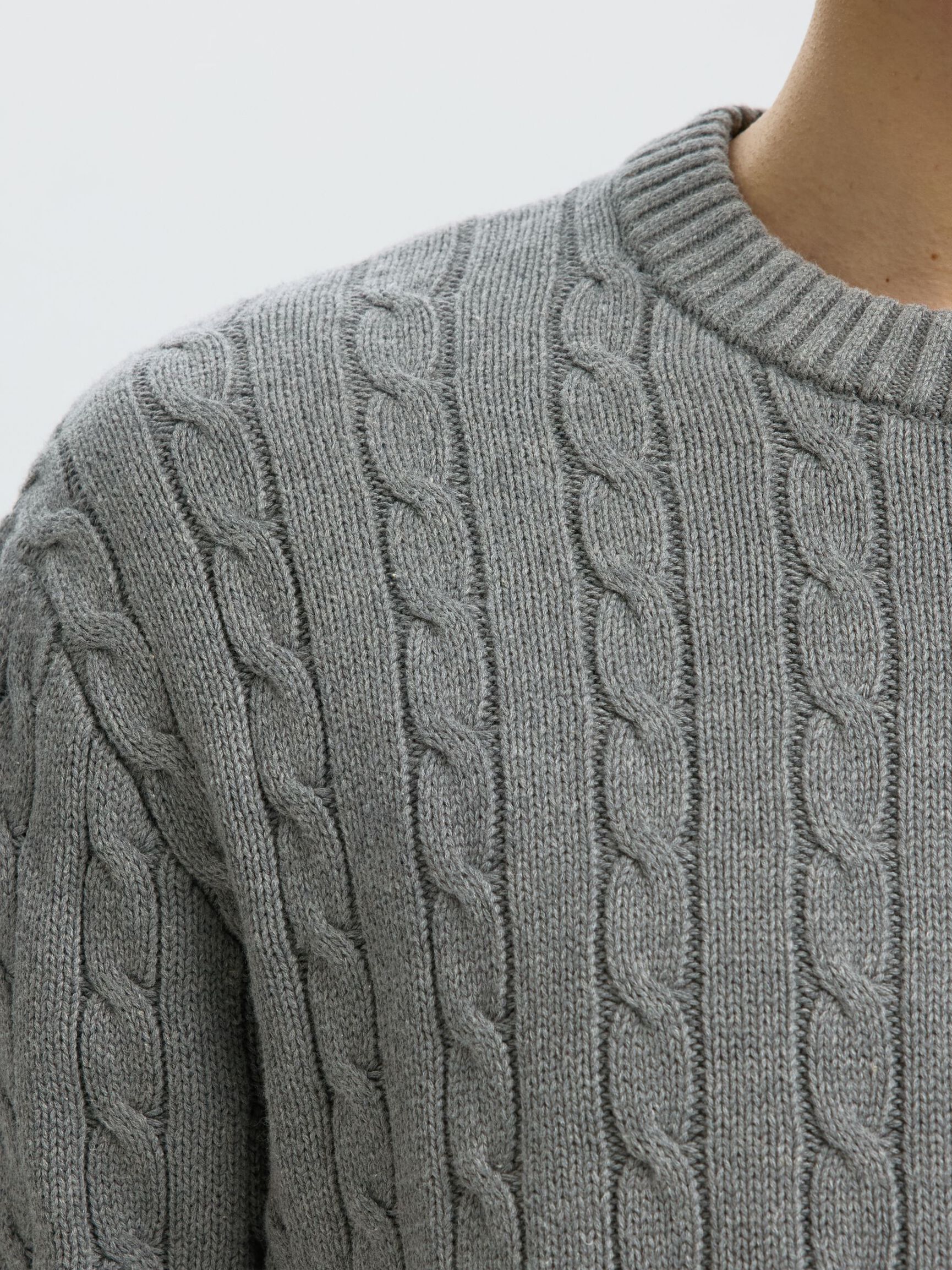 CABLE KNIT PULLOVER, Medium Grey Melange, highres
