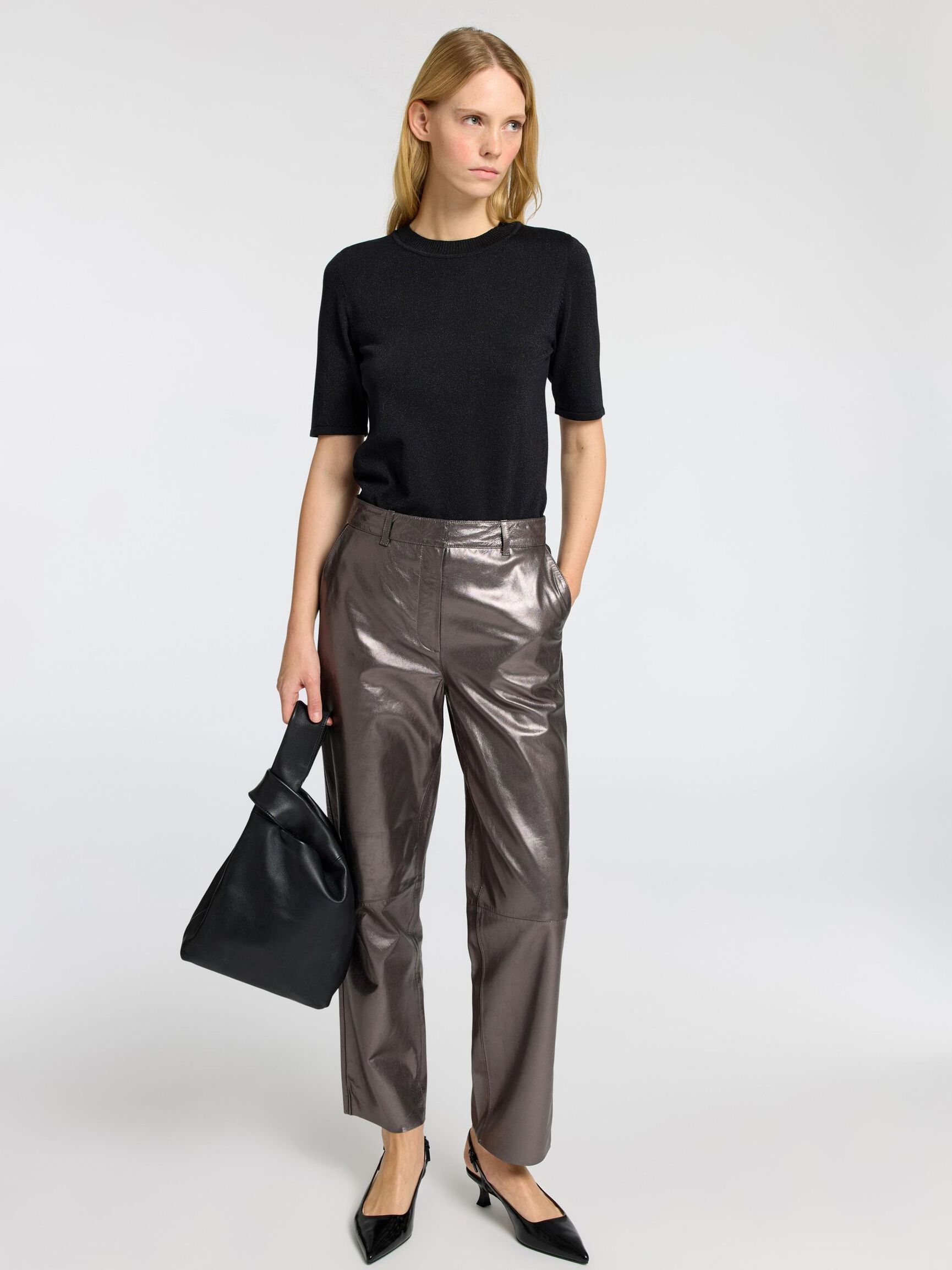 METALLIC LEATHER TROUSERS, Silver, highres