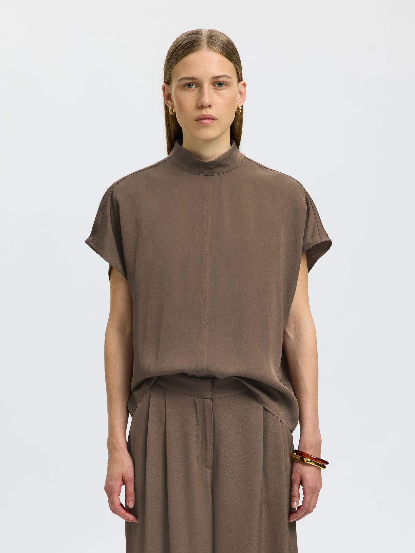 VISCOSE SHORT SLEEVED TOP, Chocolate Chip, highres