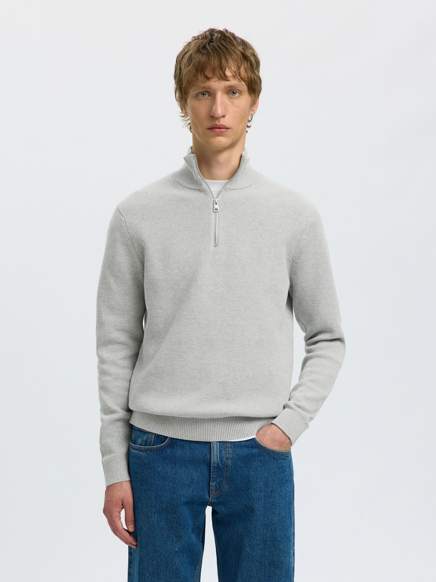 HALF-ZIP JUMPER, Light Grey Melange, highres