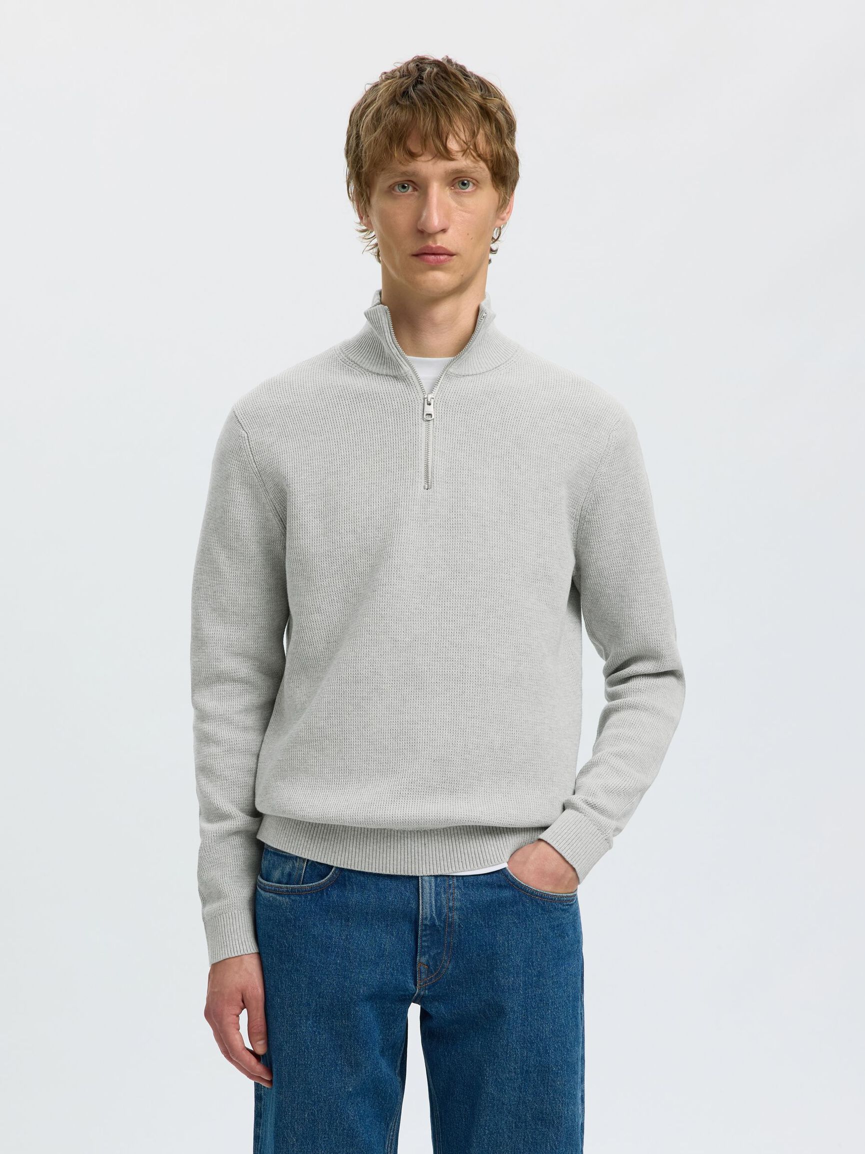 HALF-ZIP JUMPER, Light Grey Melange, highres