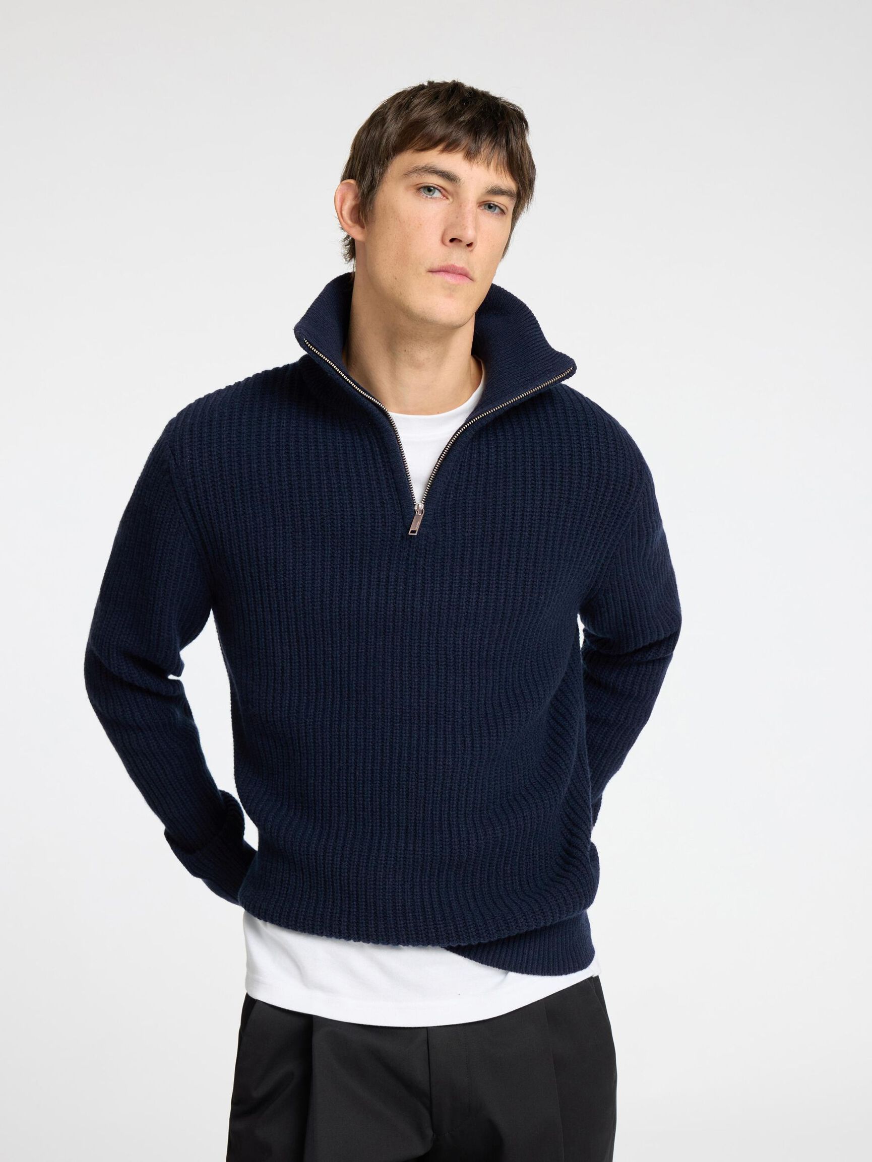 WOLLGEMISCH STRICK HALF-ZIP PULLOVER, Sky Captain, highres