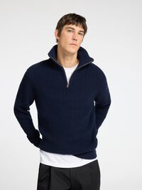 WOLLGEMISCH STRICK HALF-ZIP PULLOVER, Sky Captain, highres