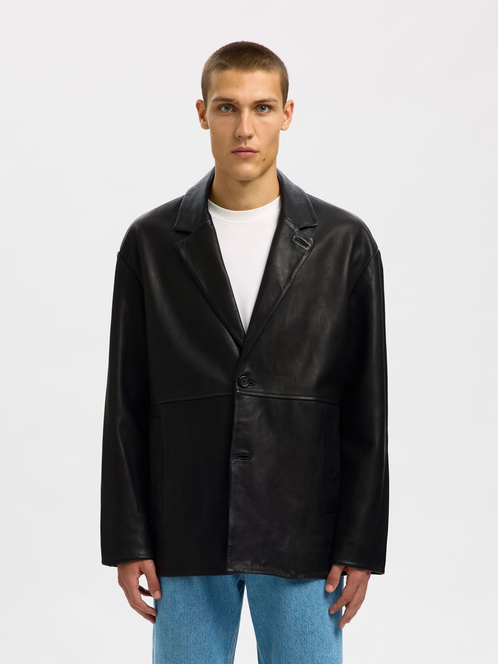 100% LEATHER BLAZER, Black, highres