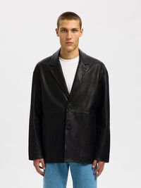 100% LEATHER BLAZER, Black, highres