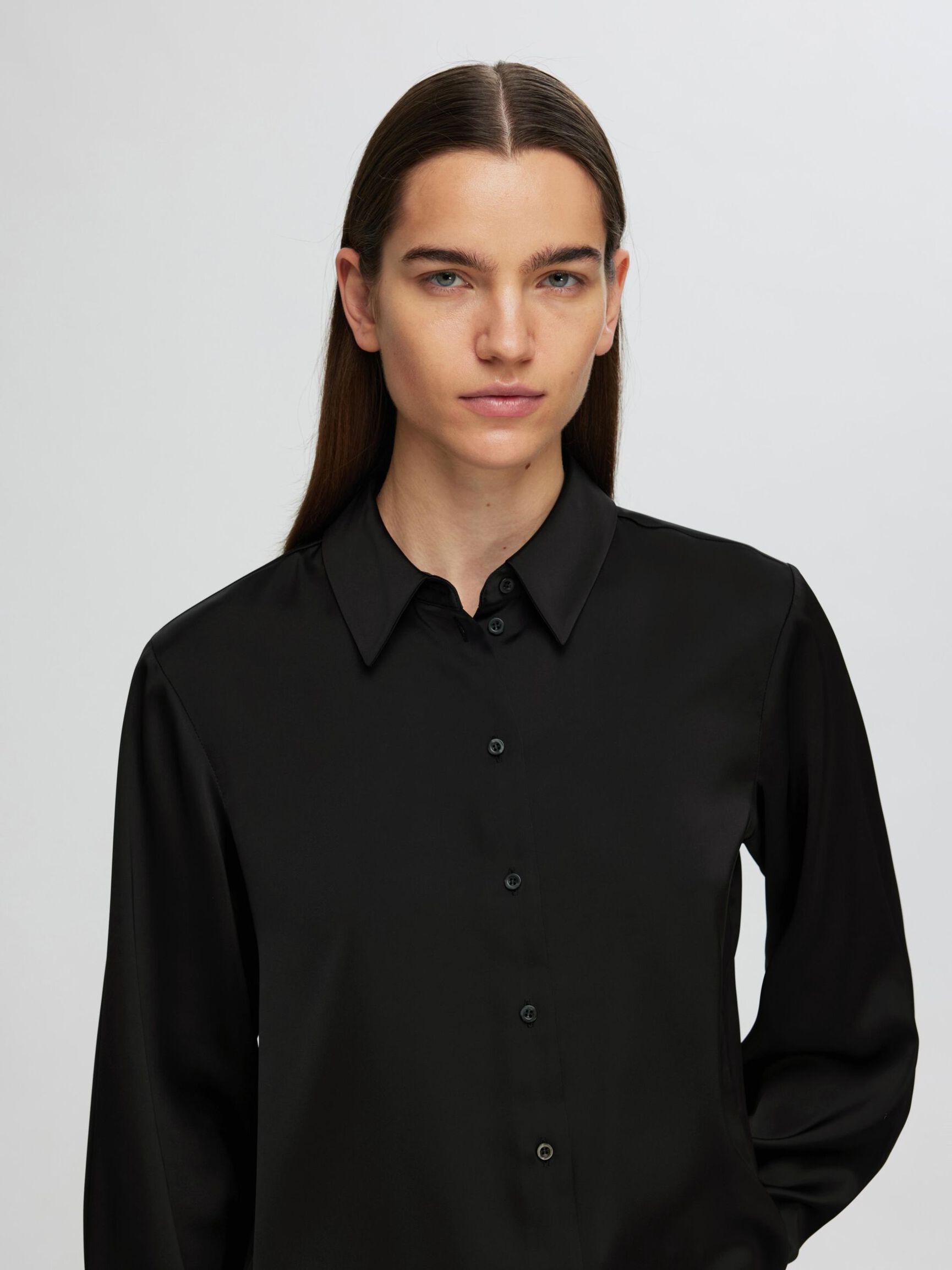 MANCHES LONGUES CHEMISE EN SATIN, Black, highres
