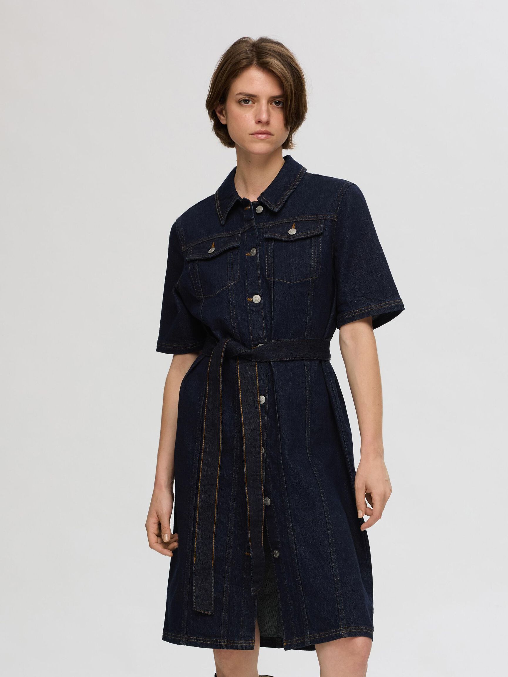 SHORT SLEEVED DENIM DRESS, Dark Blue Denim, highres