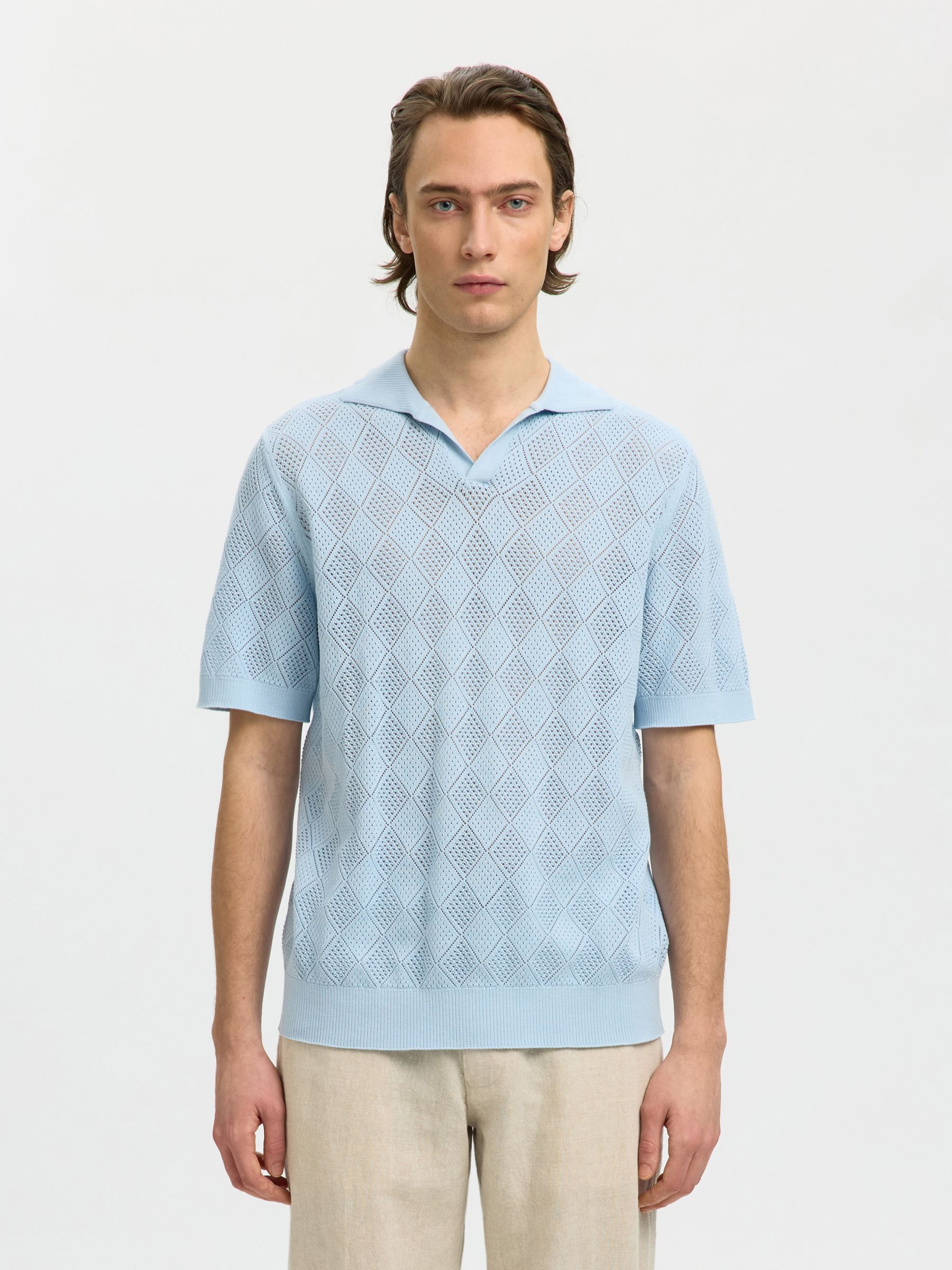 SHORT SLEEVED KNITTED POLO SHIRT, Cashmere Blue, highres