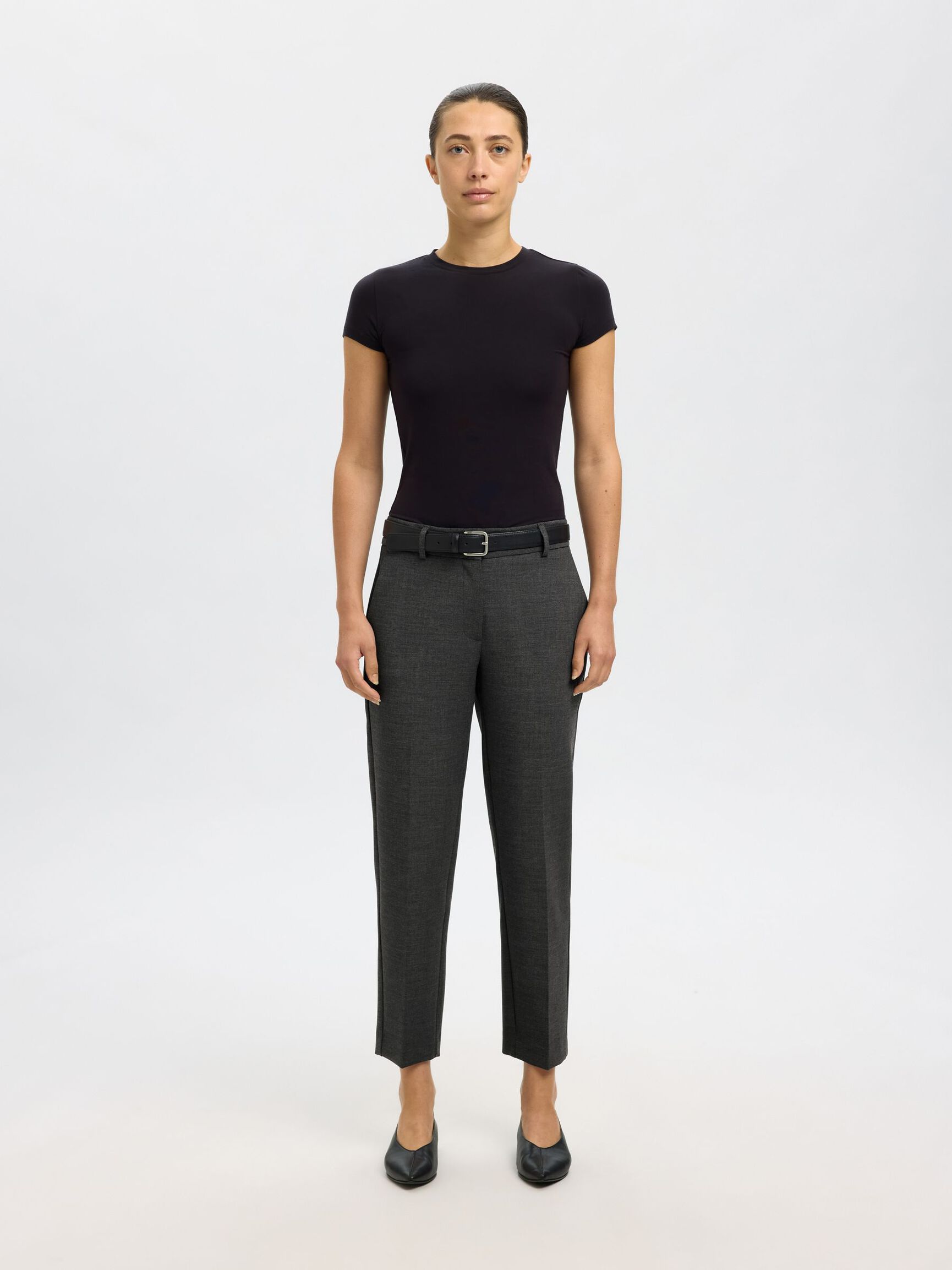 VISCOSE BLEND CROPPED TAPERED TROUSERS, Dark Grey Melange, highres