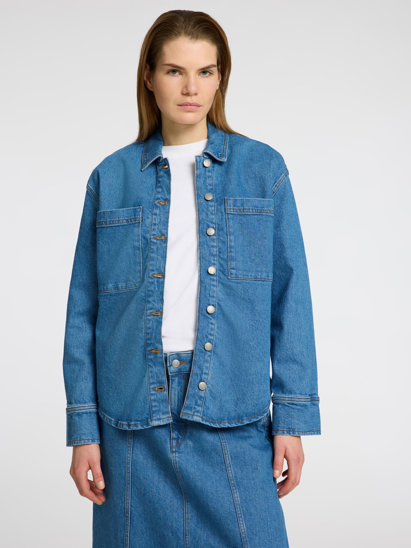 LANGE MOUWEN SPIJKERBLOUSE, Medium Blue Denim, highres