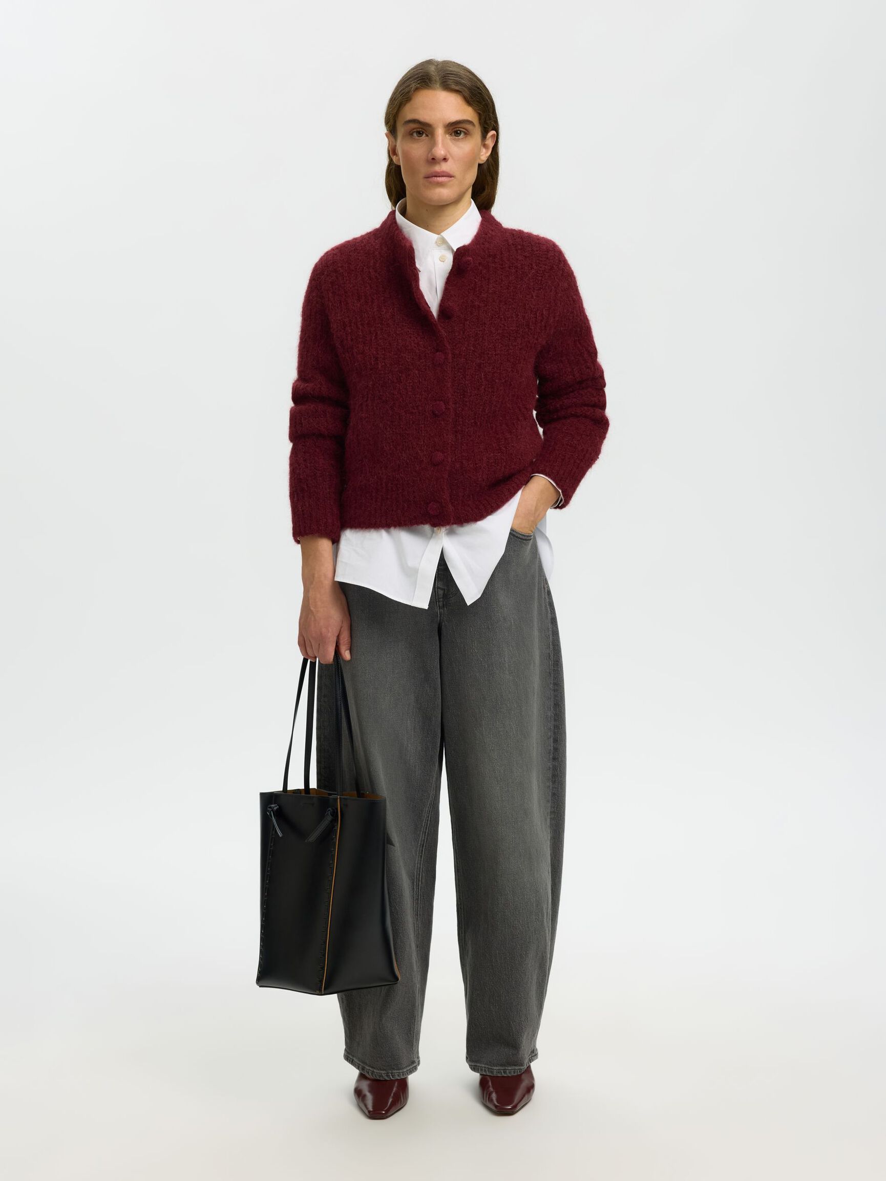 ALPACA BLEND KNITTED CARDIGAN, Tawny Port, highres