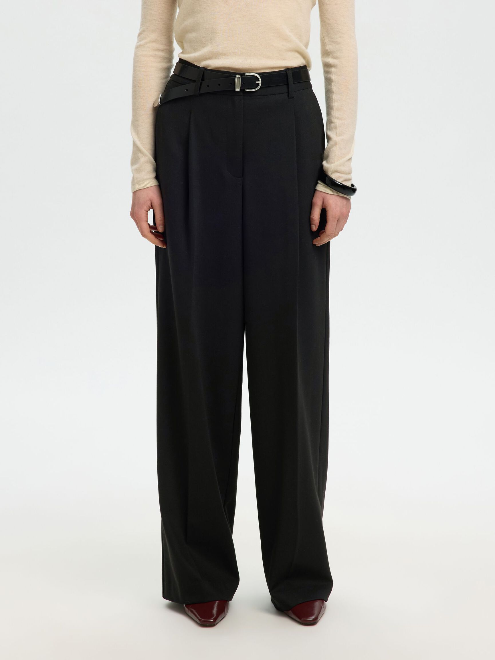 HIGH WAISTED WIDE-LEG TROUSERS, Black, highres