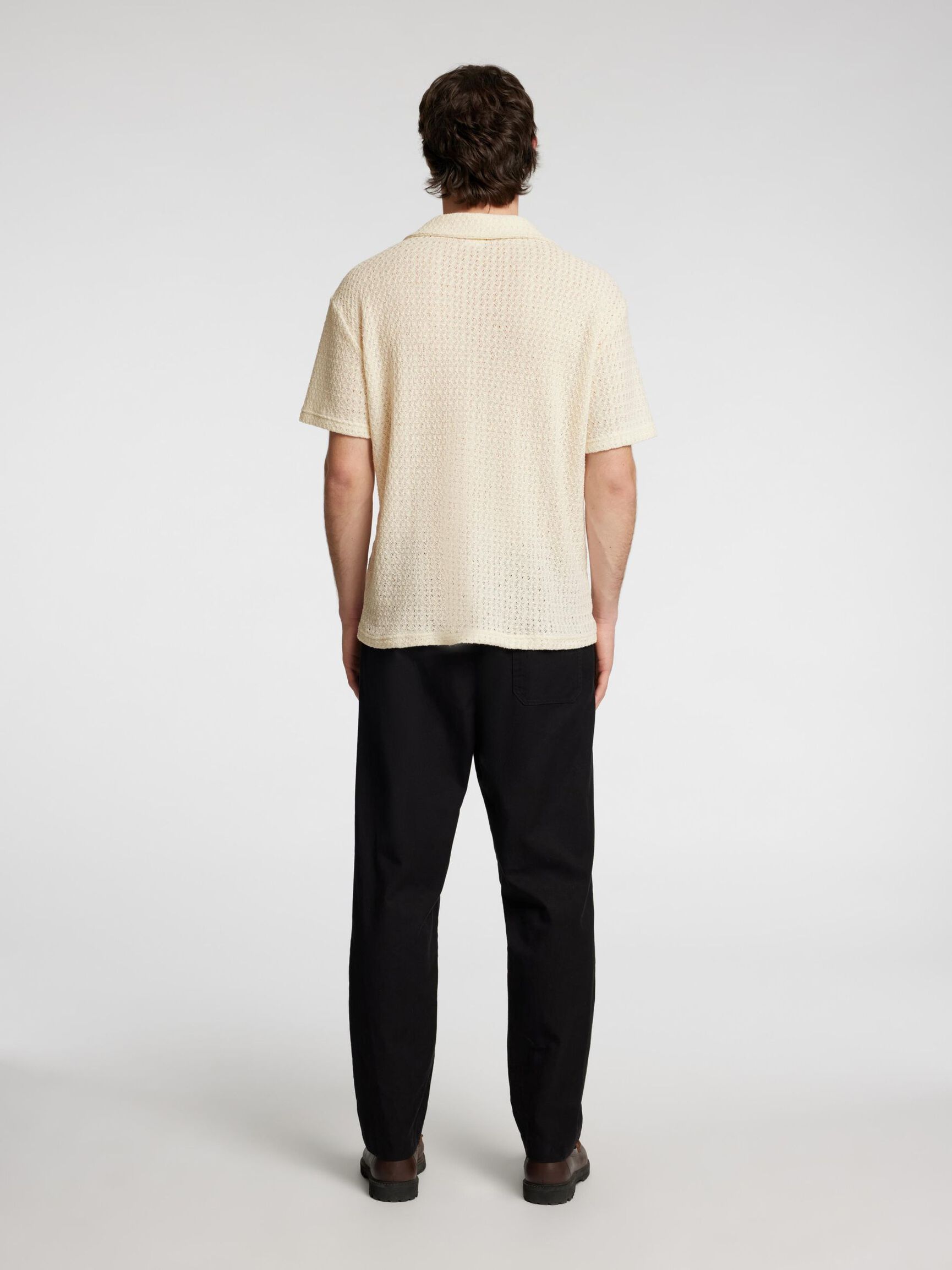 GEBREID JACQUARD OVERHEMD MET KORTE MOUWEN, Egret, highres