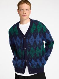 ARGYLE PRINT KNITTED CARDIGAN, Sky Captain, highres
