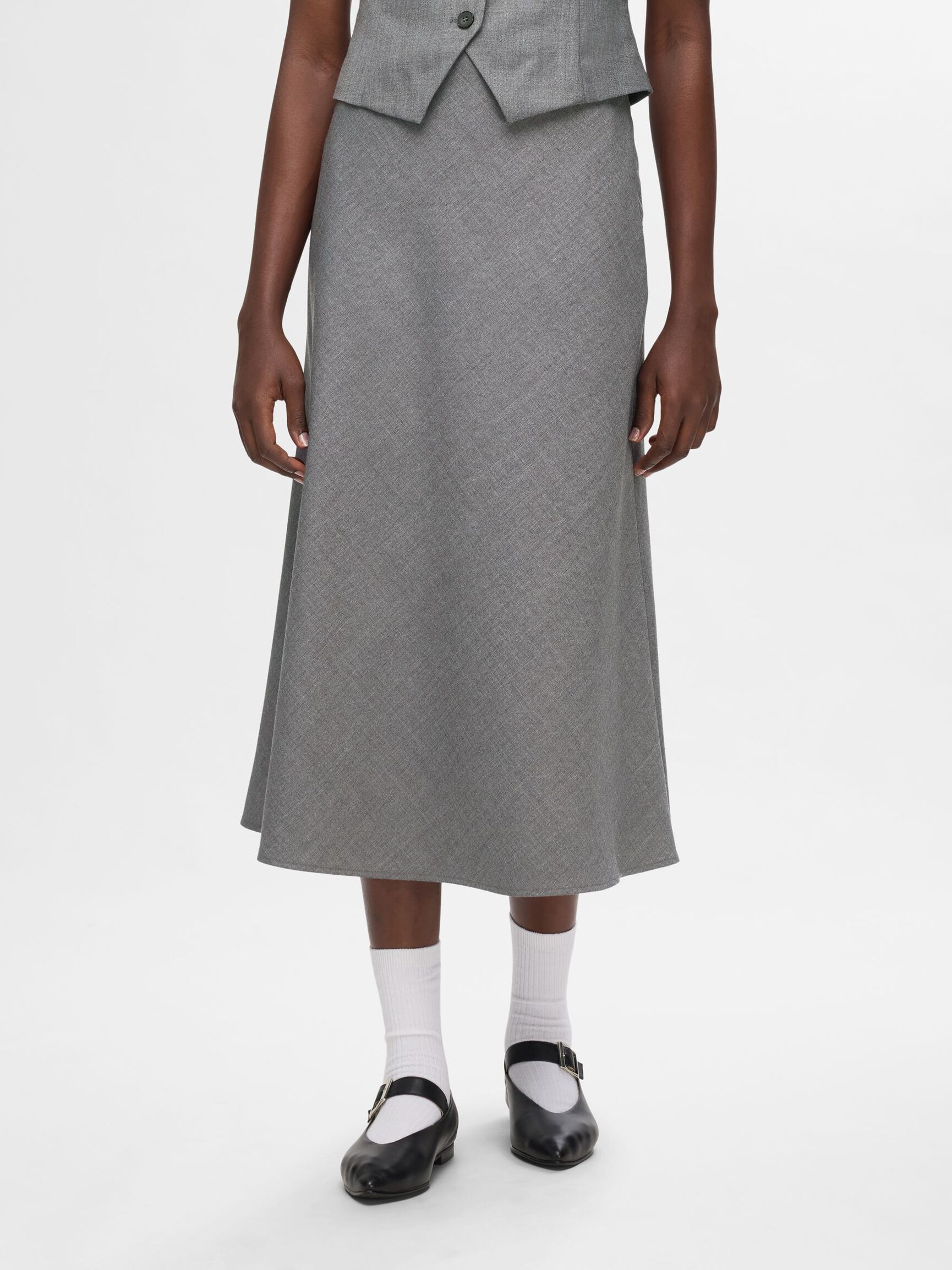 TAILORED WOOL BLEND MIDI SKIRT, Grey Melange, highres