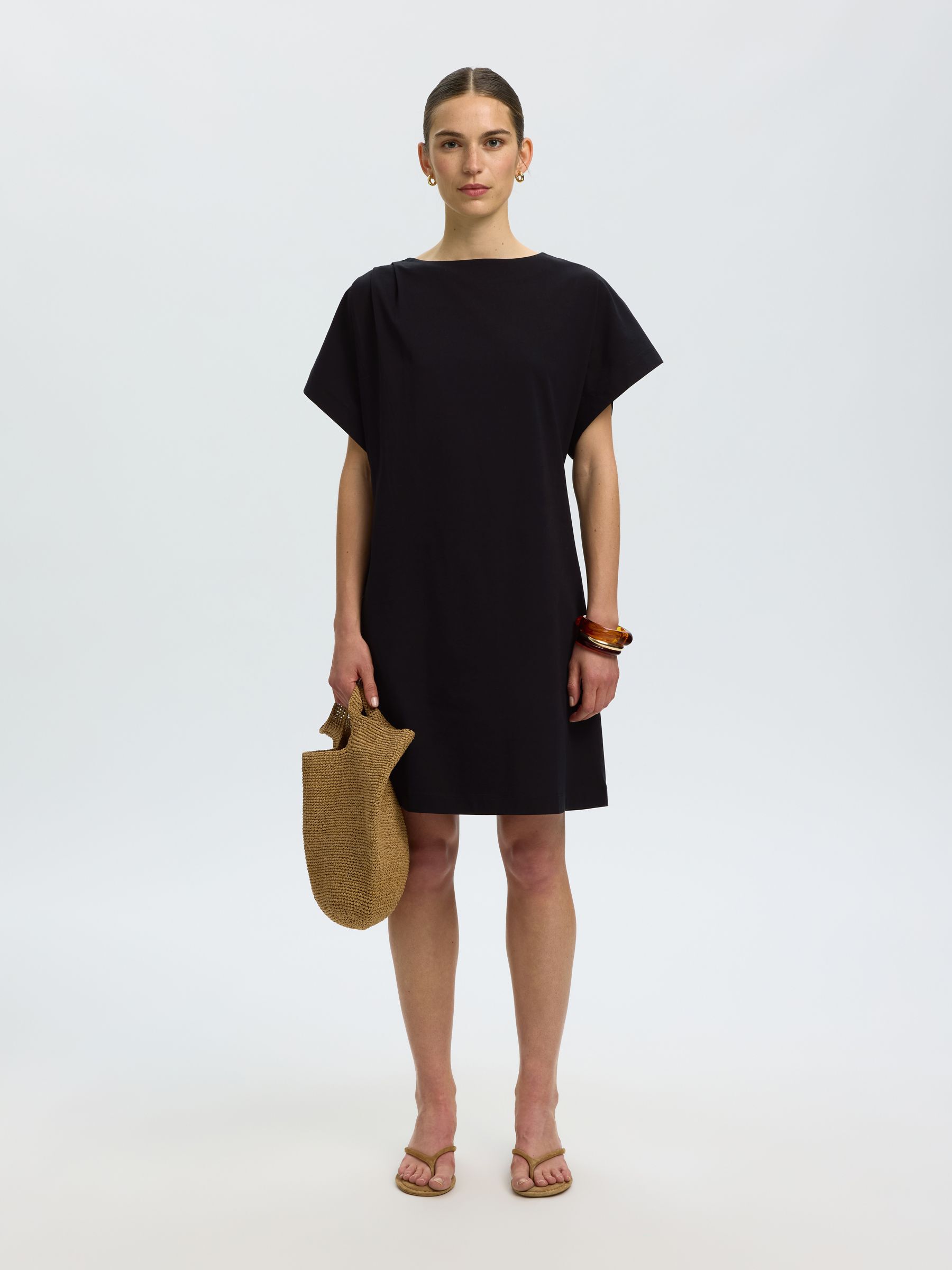 COTTON SHORT SLEEVED MINI DRESS, Black, highres