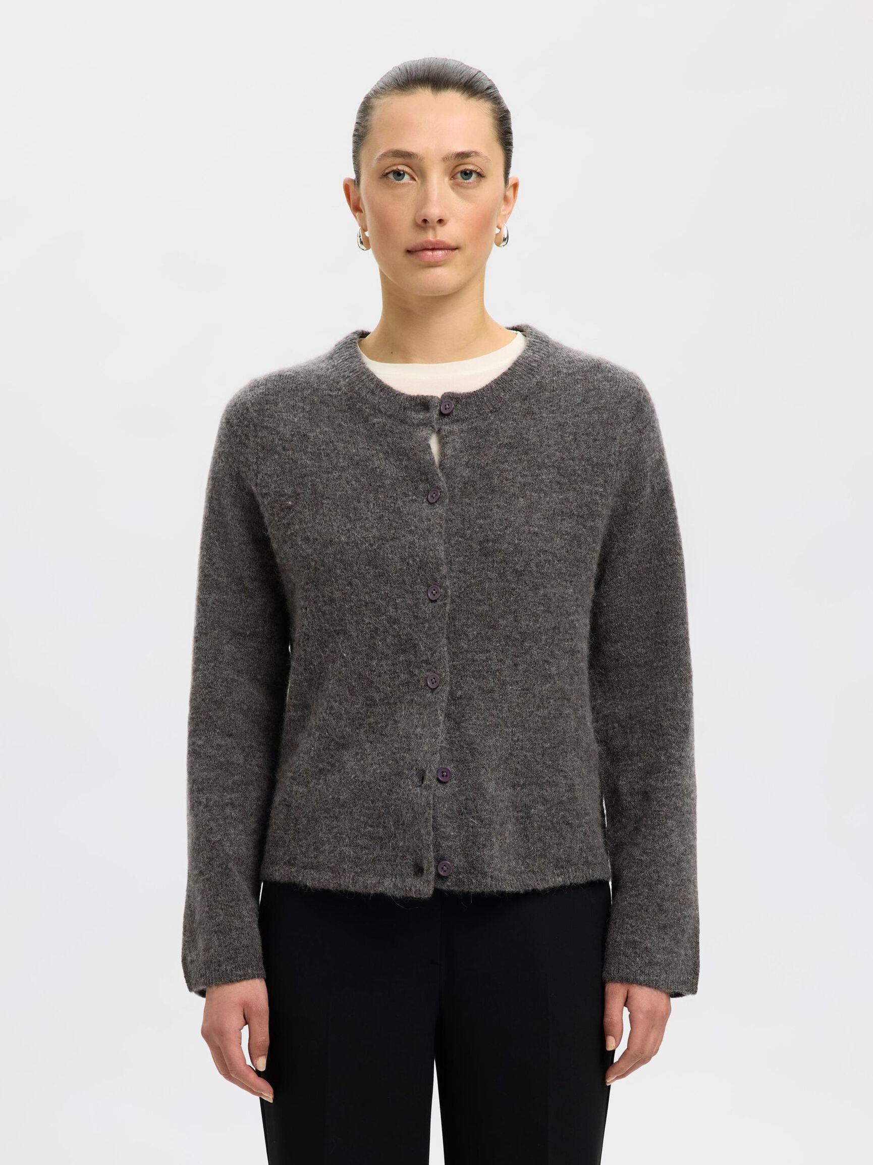 WOOL BLEND KNITTED CARDIGAN, Medium Grey Melange, highres