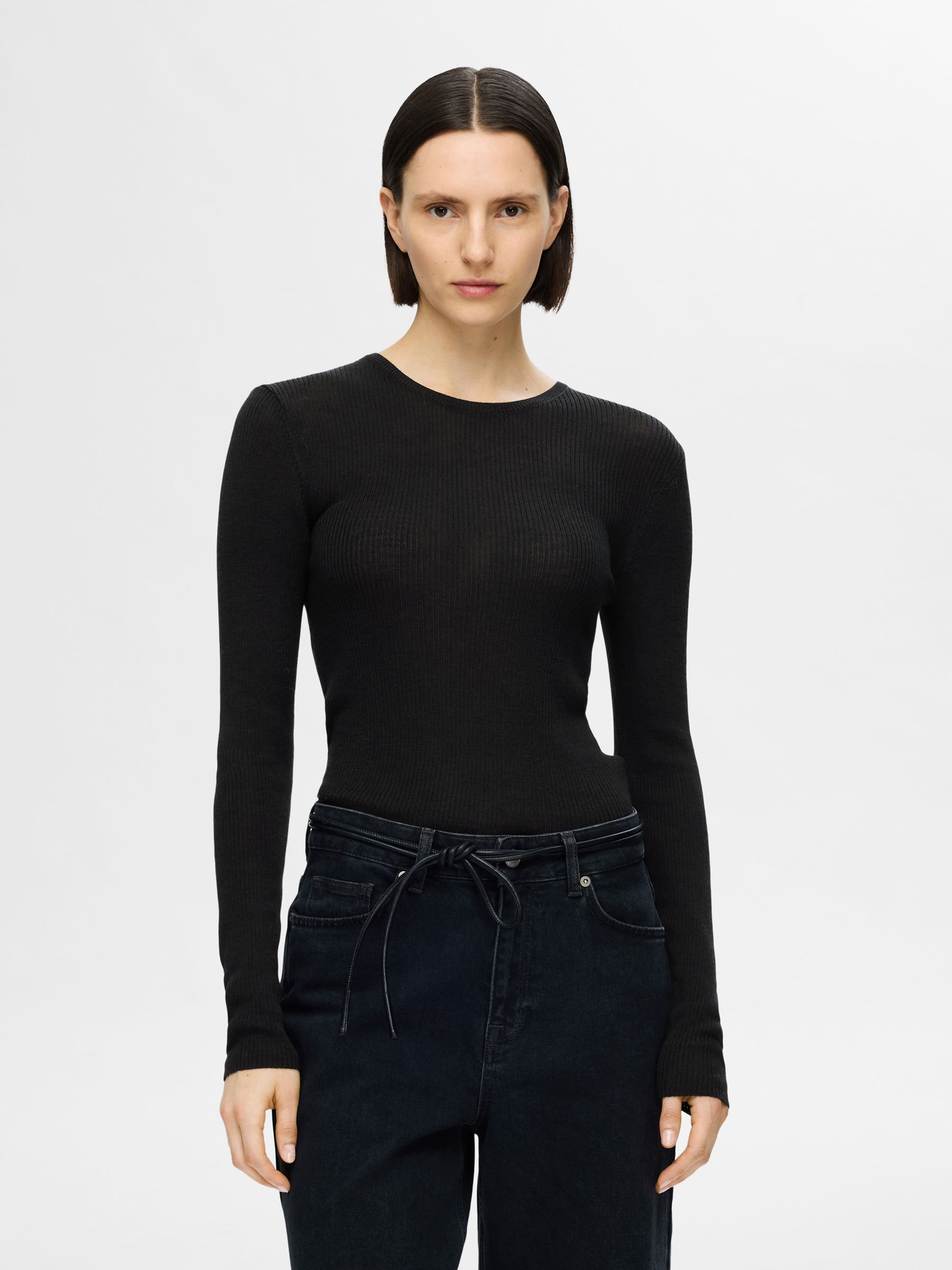 WOOL BLEND LONG SLEEVED TOP, Black, highres