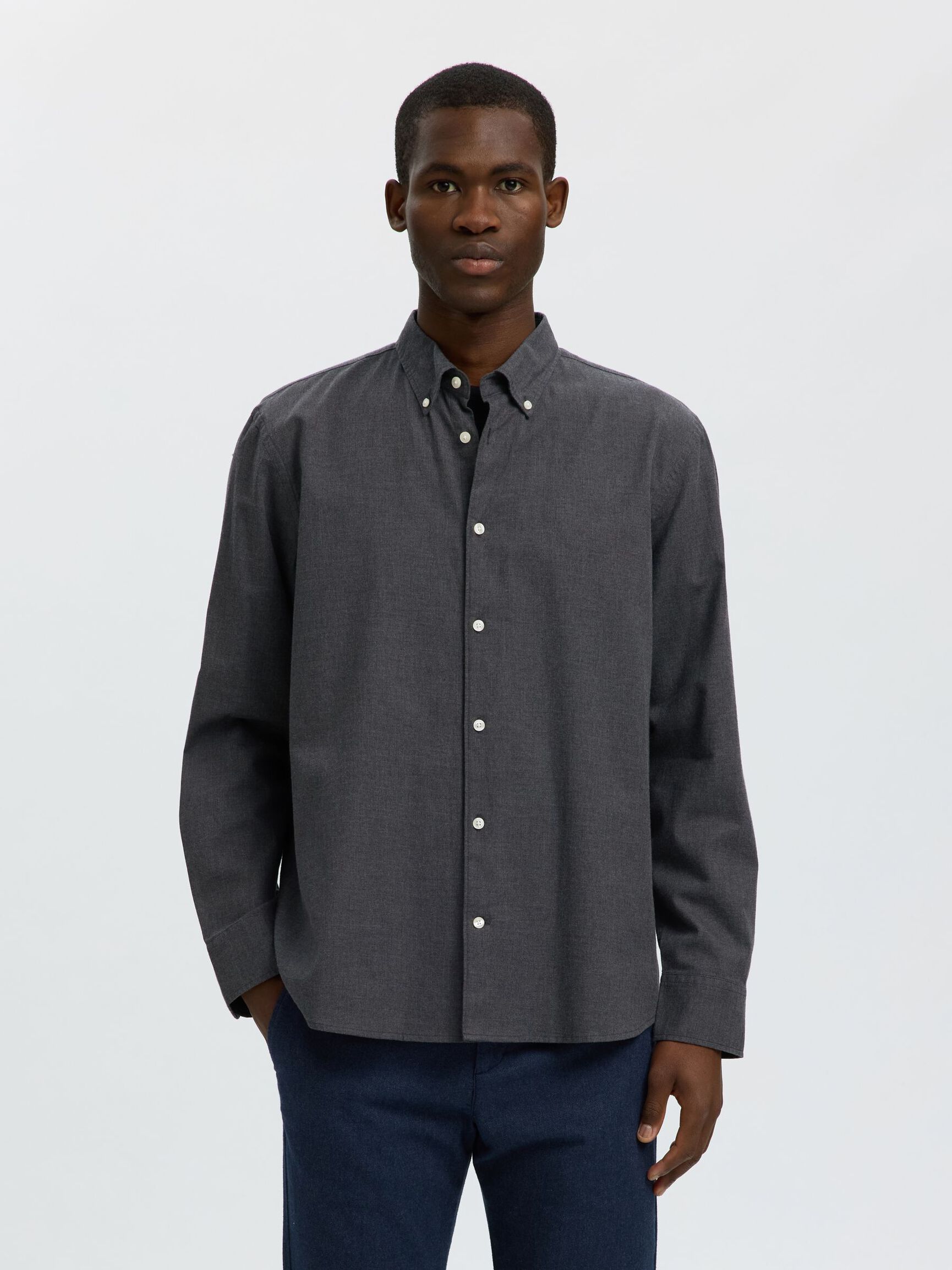 COTTON LONG SLEEVED SHIRT, Dark Grey Melange, highres
