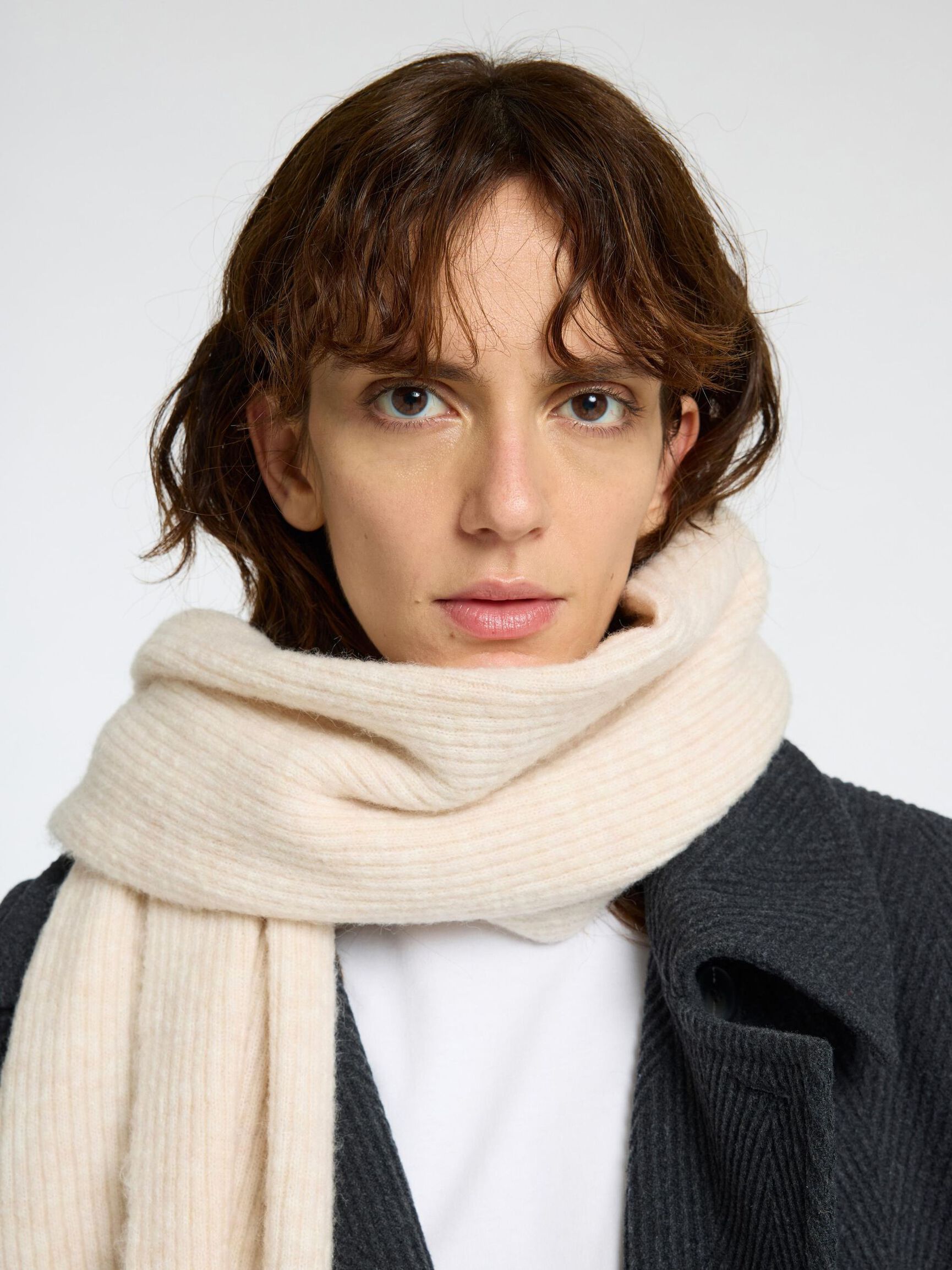 RIBBED WOOL BLEND SCARF, Birch, highres
