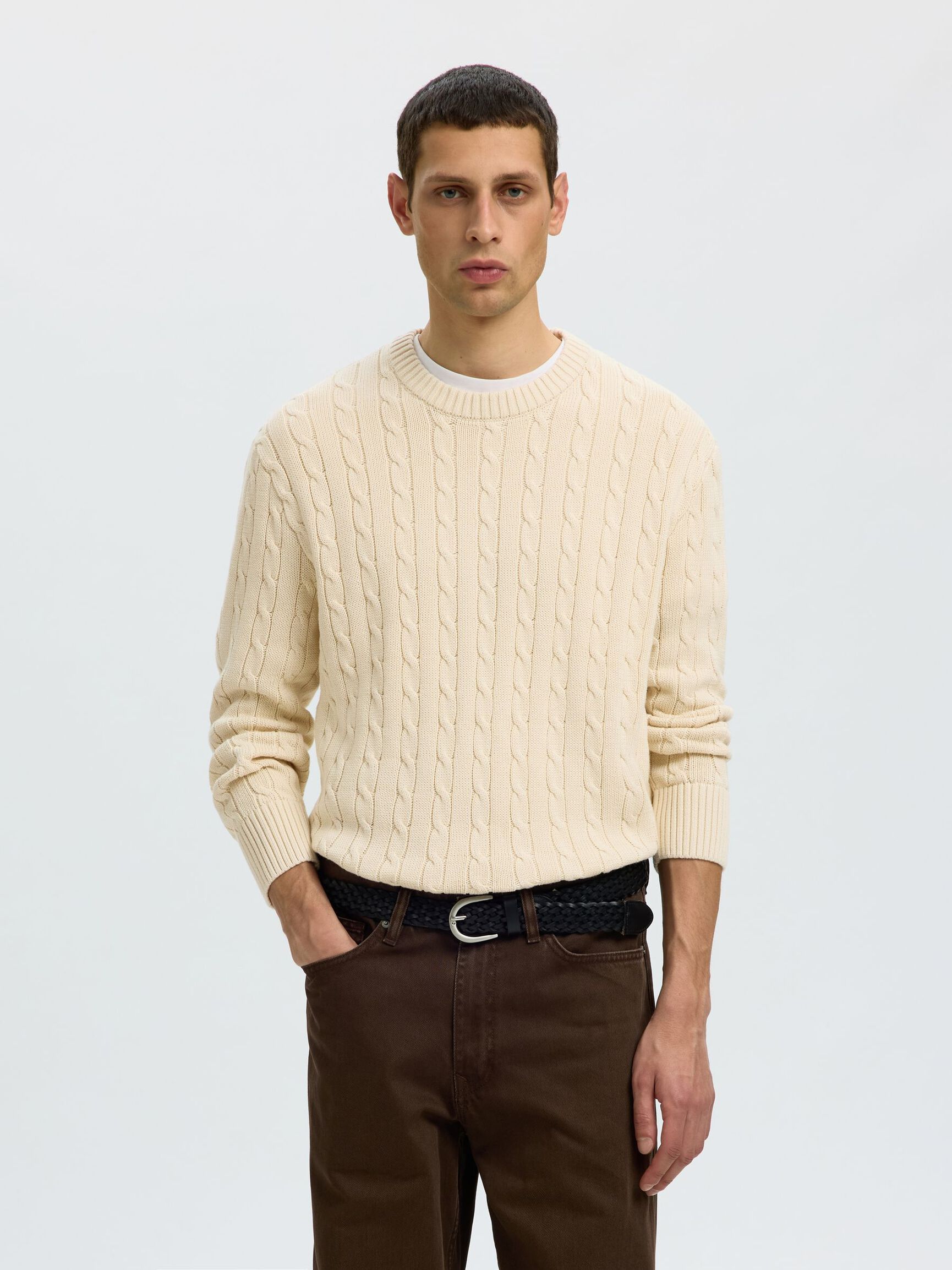 CABLE KNIT PULLOVER, Birch, highres
