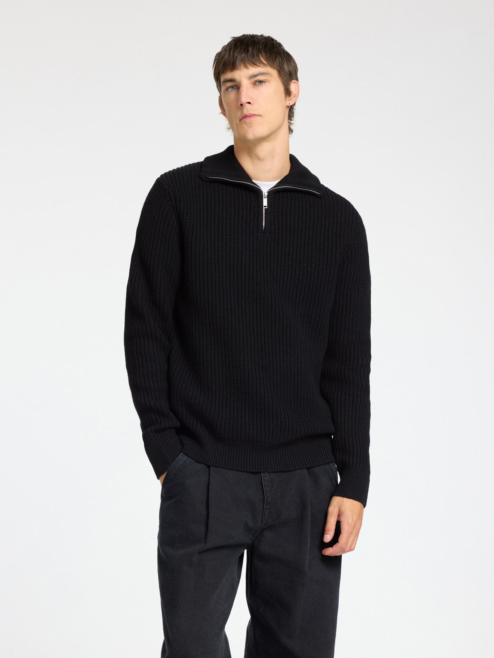 WOLLGEMISCH STRICK HALF-ZIP PULLOVER, Black, highres